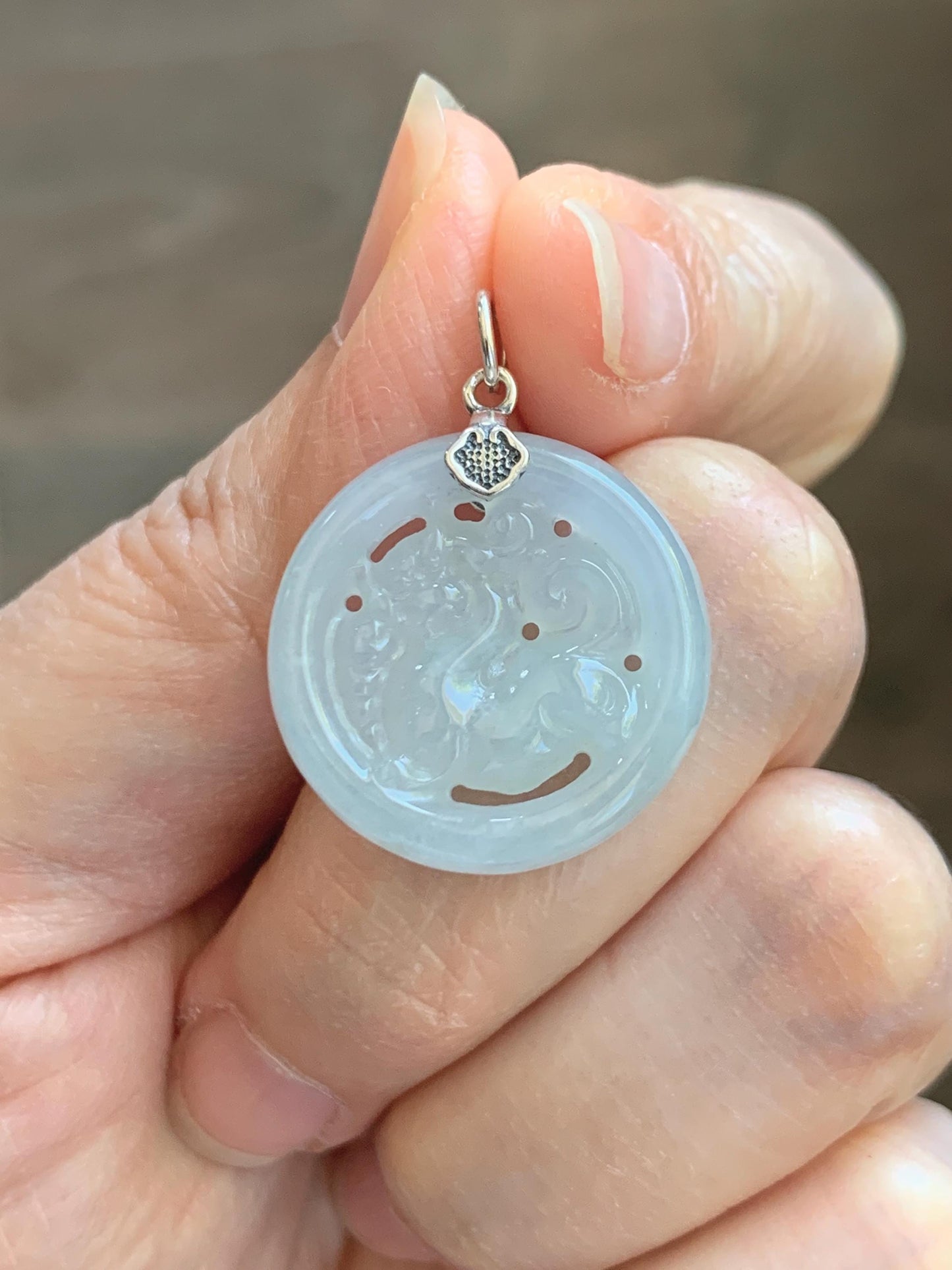 Natural Grade A Icy Translucent White Pale Green Undertone Jade Jadeite Openwork Qi Lin Pendant Sterling Silver 4g 天然冰胶淡青底翡翠镂空雕麒麟吊坠 MKA240Q