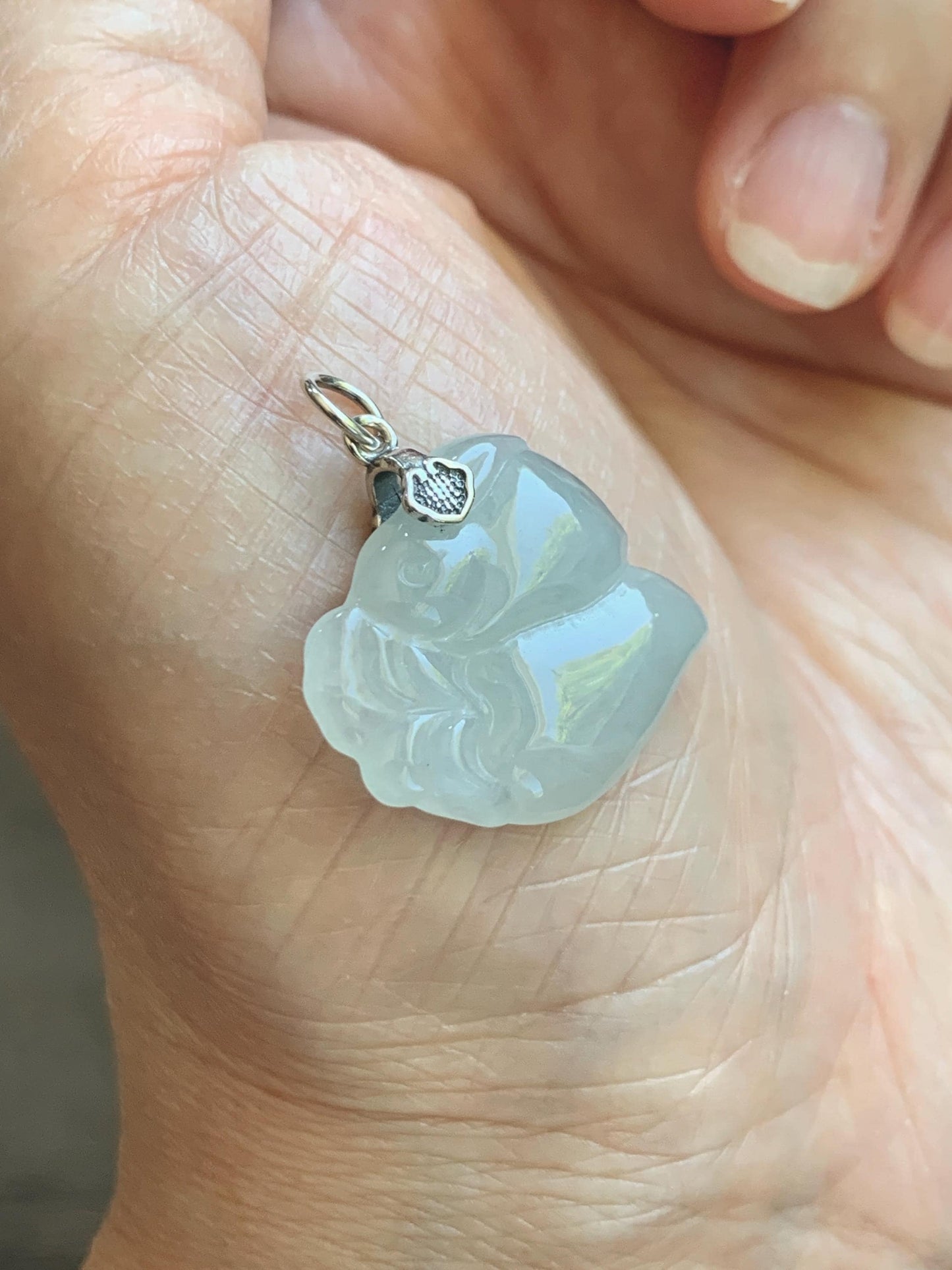 Natural Grade A Icy Translucent White Pale Green Undertone Jade Jadeite Rabbit Carrot Pendant Sterling Silver 3g 天然冰胶淡青底翡翠小兔胡萝卜吊坠 MKA240T