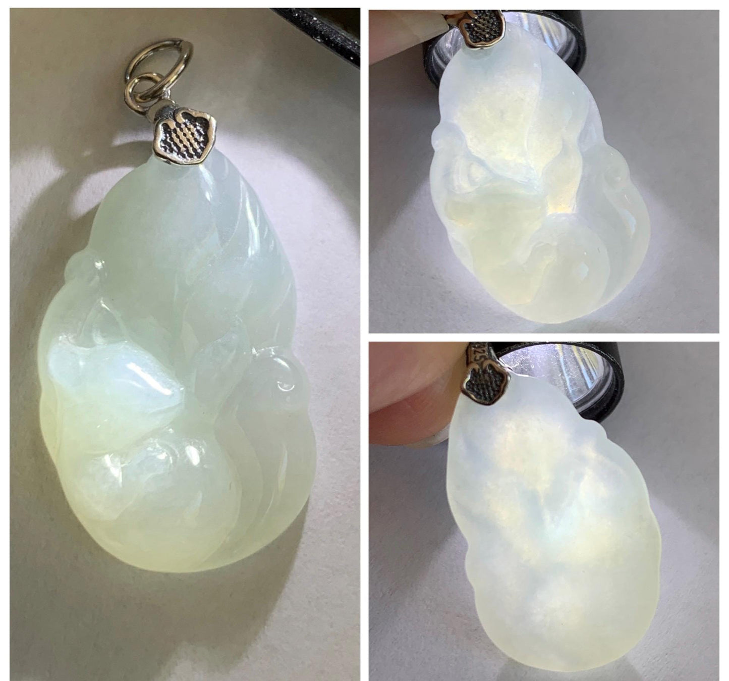 Natural Grade A Icy Translucent White Pale Green Undertone Jade Jadeite Nine-tailed Fox Pendant Sterling Silver 3g 天然冰胶淡青底翡翠九尾狐吊坠 MKA240N