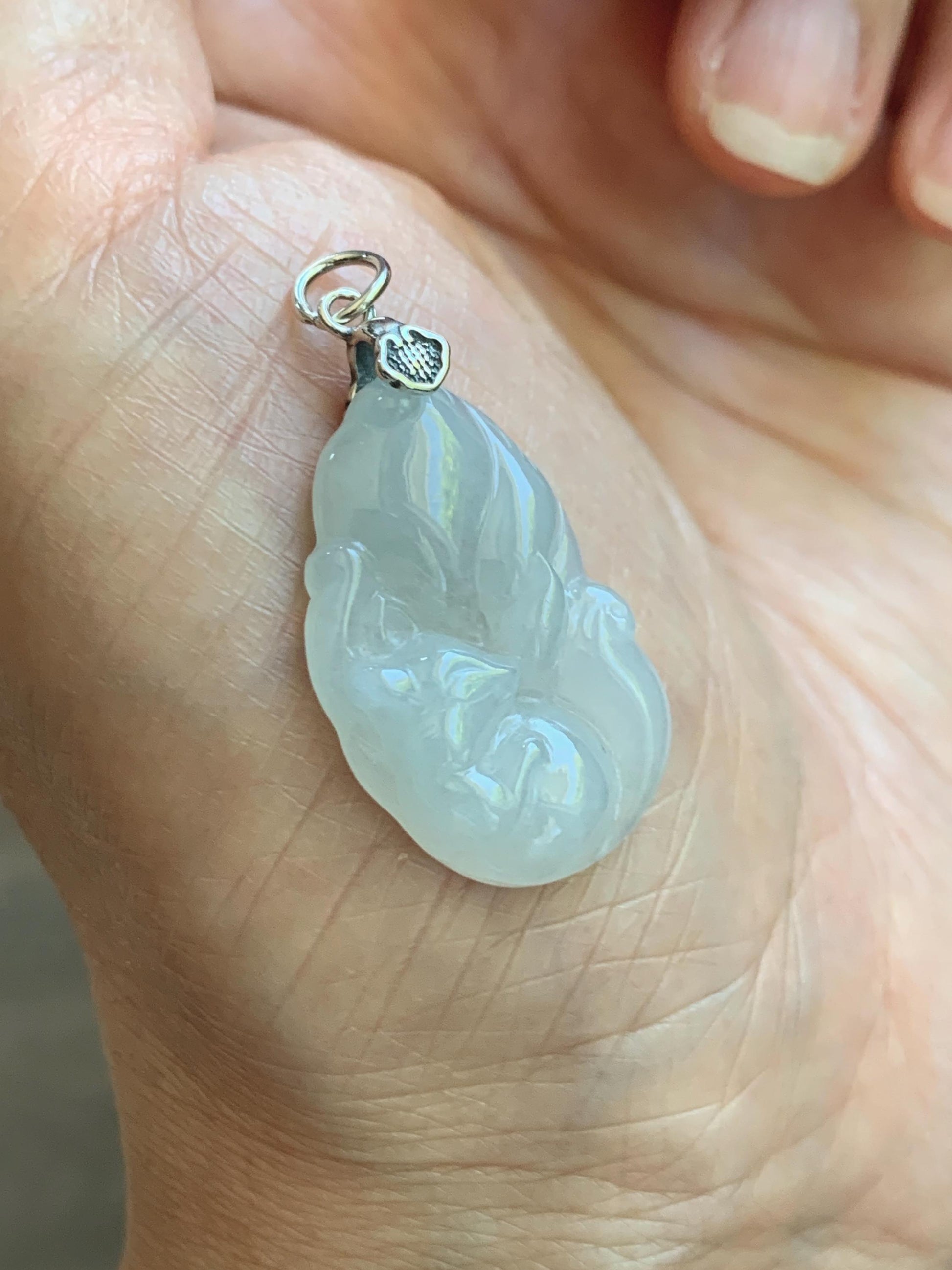 Natural Grade A Icy Translucent White Pale Green Undertone Jade Jadeite Nine-tailed Fox Pendant Sterling Silver 3g 天然冰胶淡青底翡翠九尾狐吊坠 MKA240N
