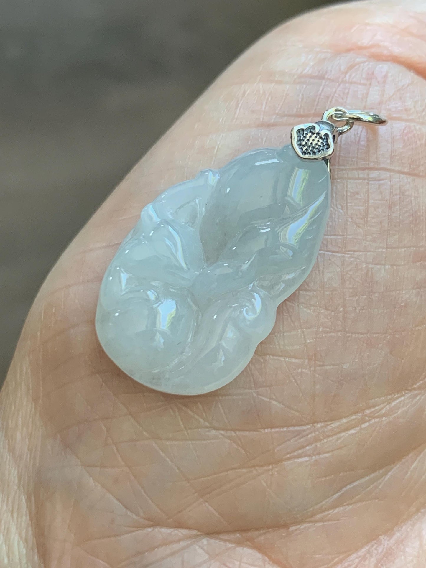 Natural Grade A Icy Translucent White Pale Green Undertone Jade Jadeite Nine-tailed Fox Pendant Sterling Silver 3g 天然冰胶淡青底翡翠九尾狐吊坠 MKA240N