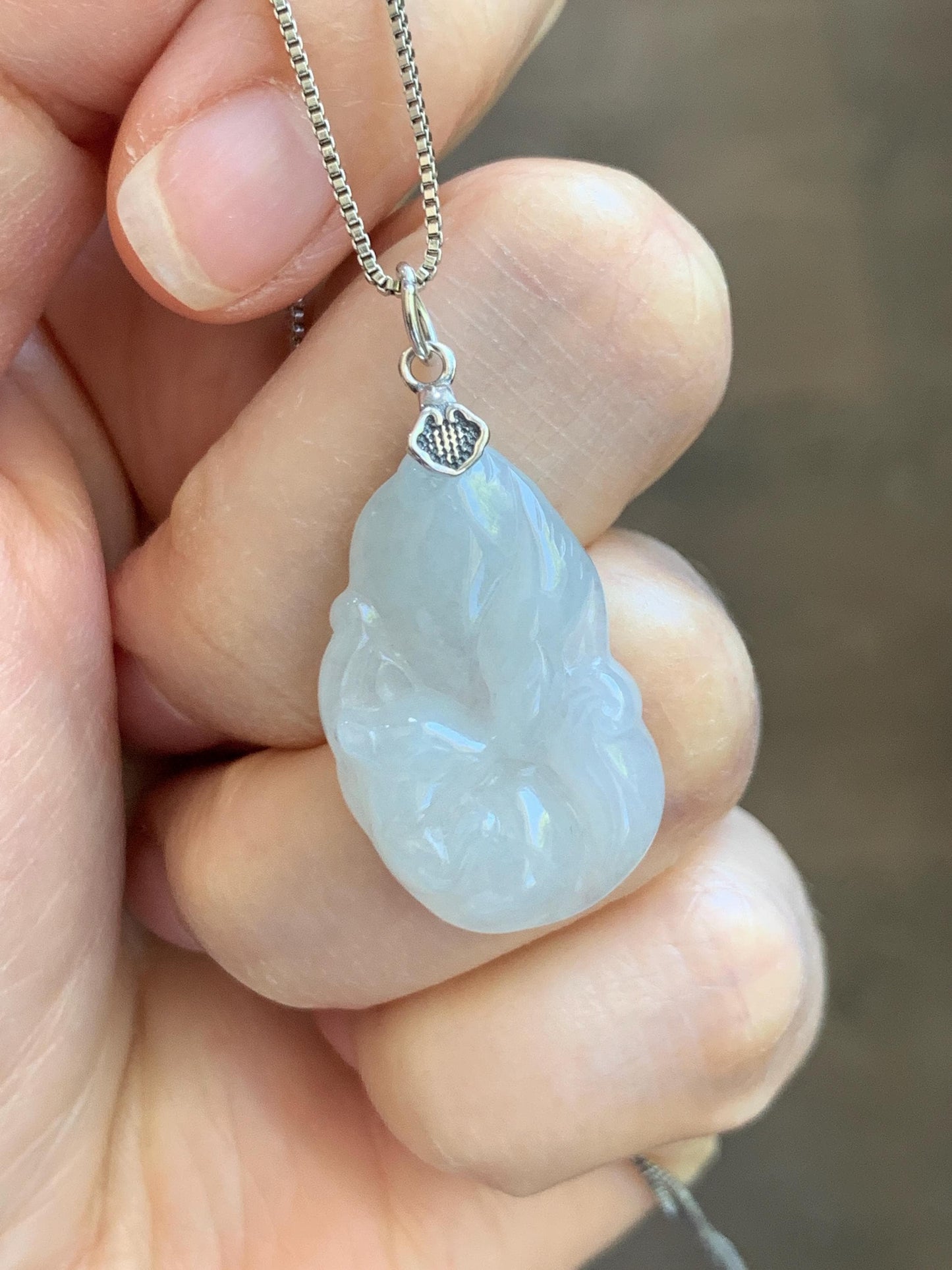 Natural Grade A Icy Translucent White Pale Green Undertone Jade Jadeite Nine-tailed Fox Pendant Sterling Silver 3g 天然冰胶淡青底翡翠九尾狐吊坠 MKA240N