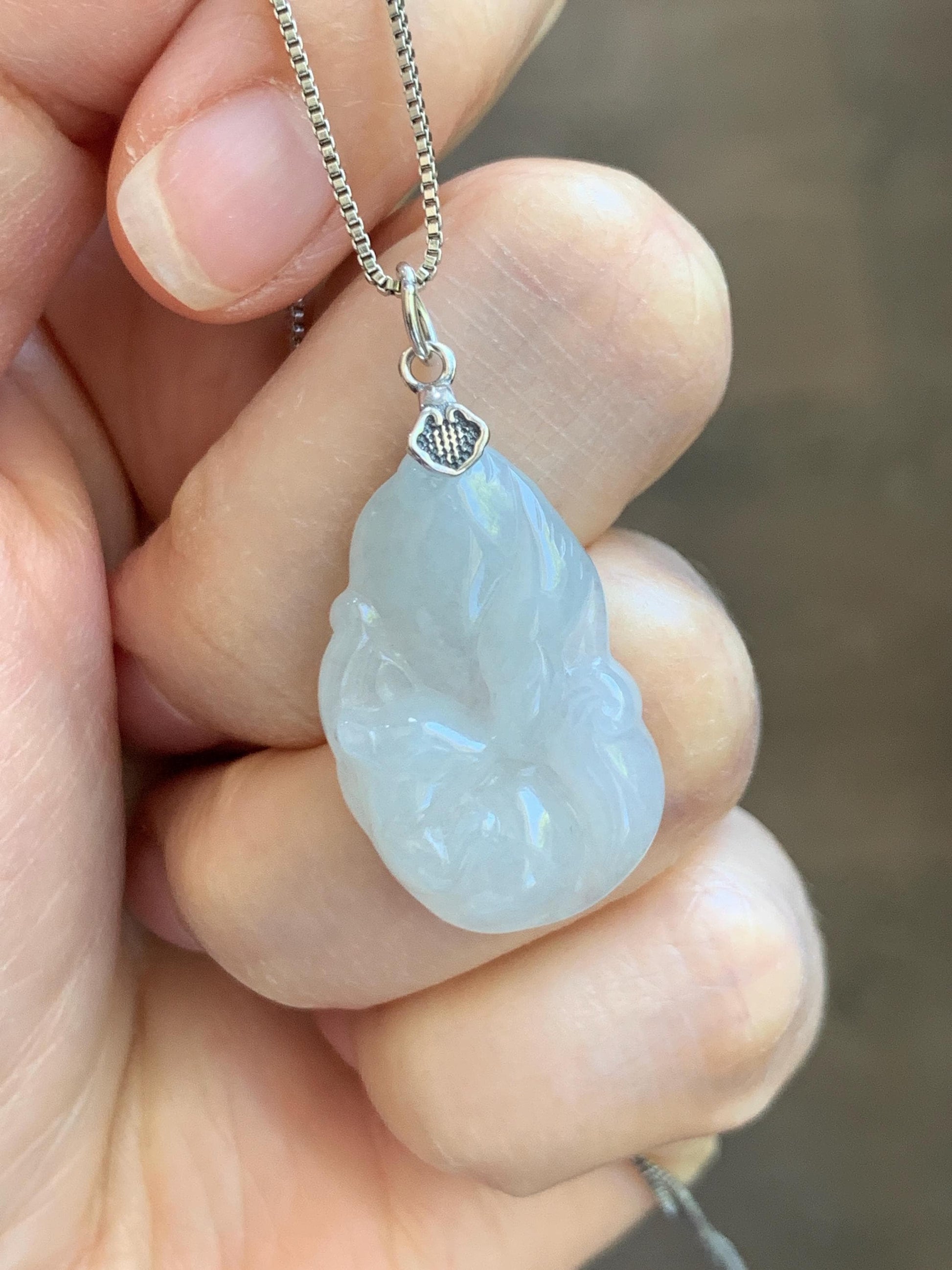 Natural Grade A Icy Translucent White Pale Green Undertone Jade Jadeite Nine-tailed Fox Pendant Sterling Silver 3g 天然冰胶淡青底翡翠九尾狐吊坠 MKA240N