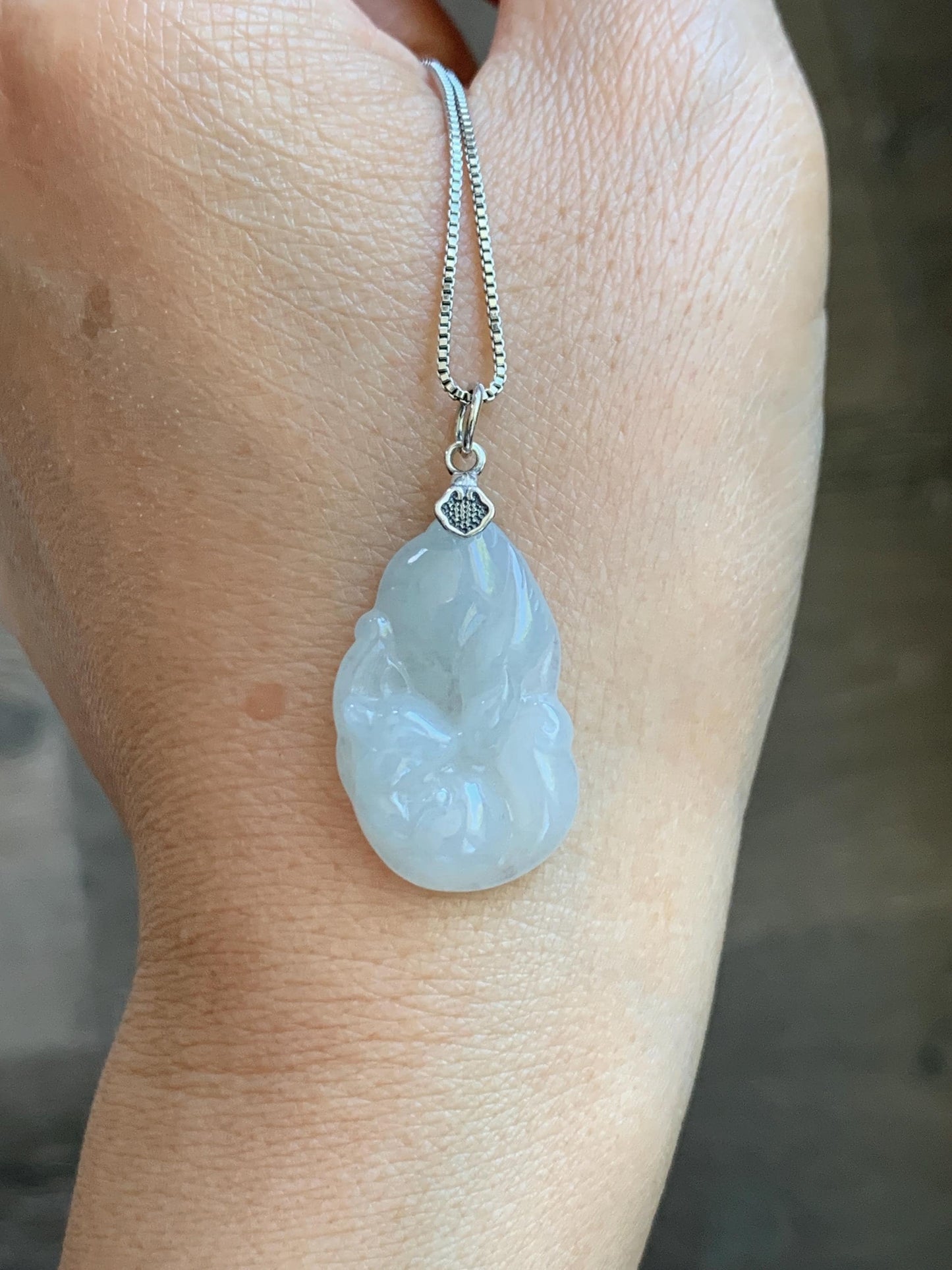 Natural Grade A Icy Translucent White Pale Green Undertone Jade Jadeite Nine-tailed Fox Pendant Sterling Silver 3g 天然冰胶淡青底翡翠九尾狐吊坠 MKA240N