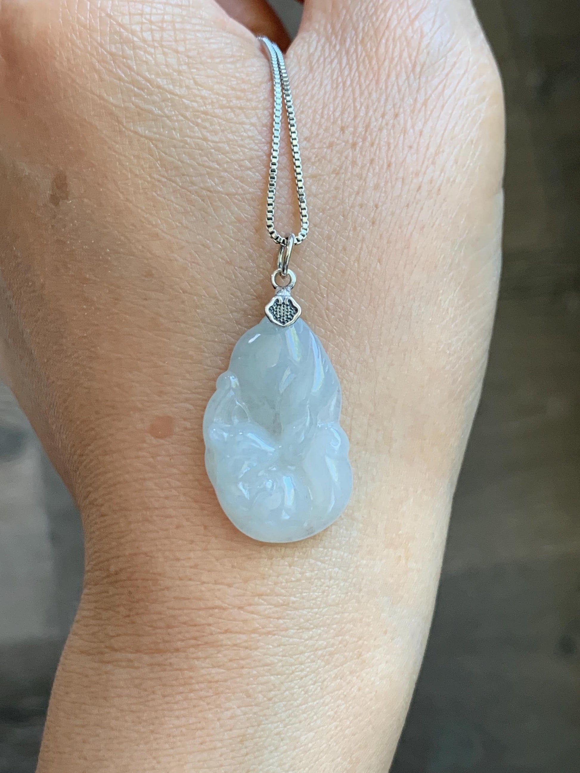 Natural Grade A Icy Translucent White Pale Green Undertone Jade Jadeite Nine-tailed Fox Pendant Sterling Silver 3g 天然冰胶淡青底翡翠九尾狐吊坠 MKA240N