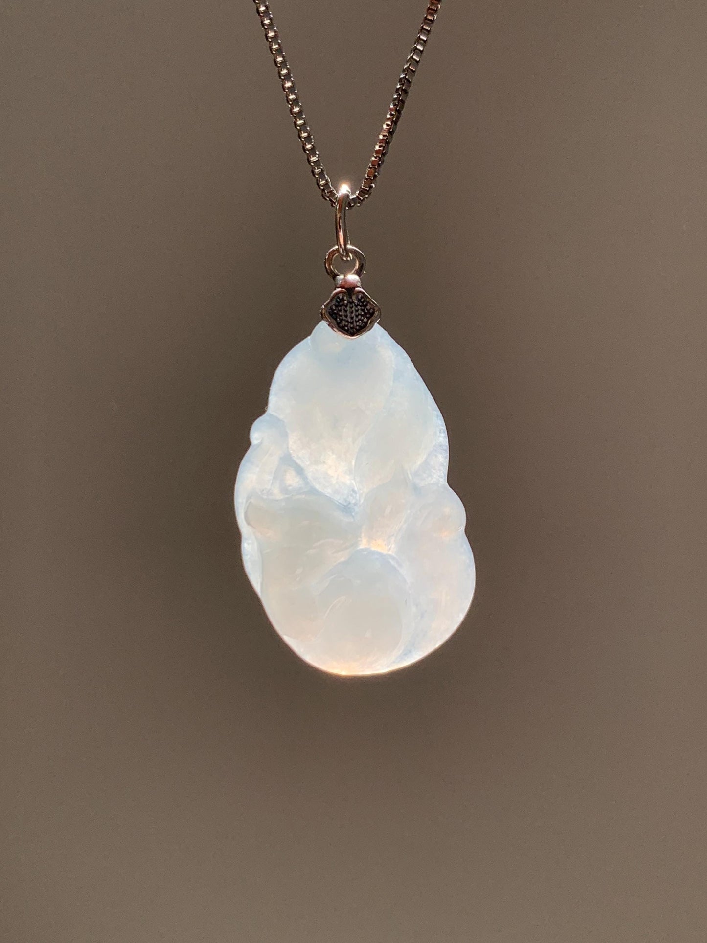 Natural Grade A Icy Translucent White Pale Green Undertone Jade Jadeite Nine-tailed Fox Pendant Sterling Silver 3g 天然冰胶淡青底翡翠九尾狐吊坠 MKA240N