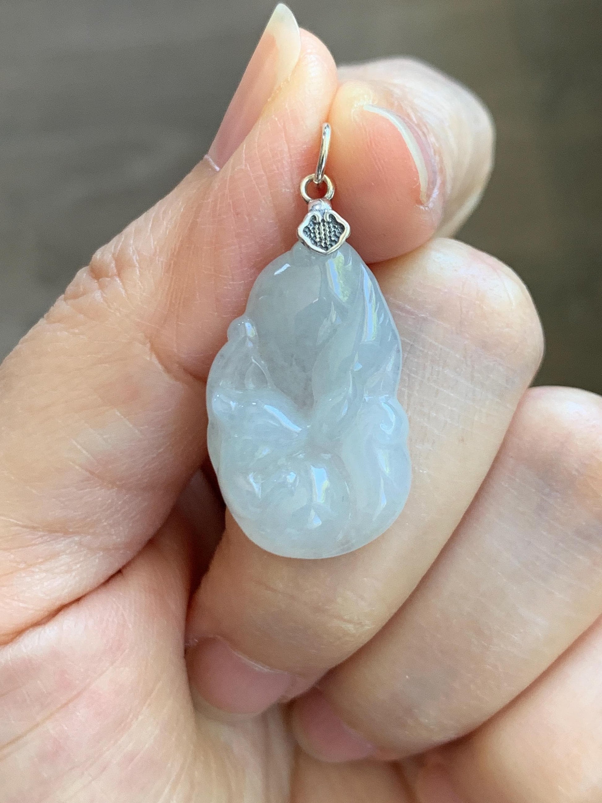 Natural Grade A Icy Translucent White Pale Green Undertone Jade Jadeite Nine-tailed Fox Pendant Sterling Silver 3g 天然冰胶淡青底翡翠九尾狐吊坠 MKA240N