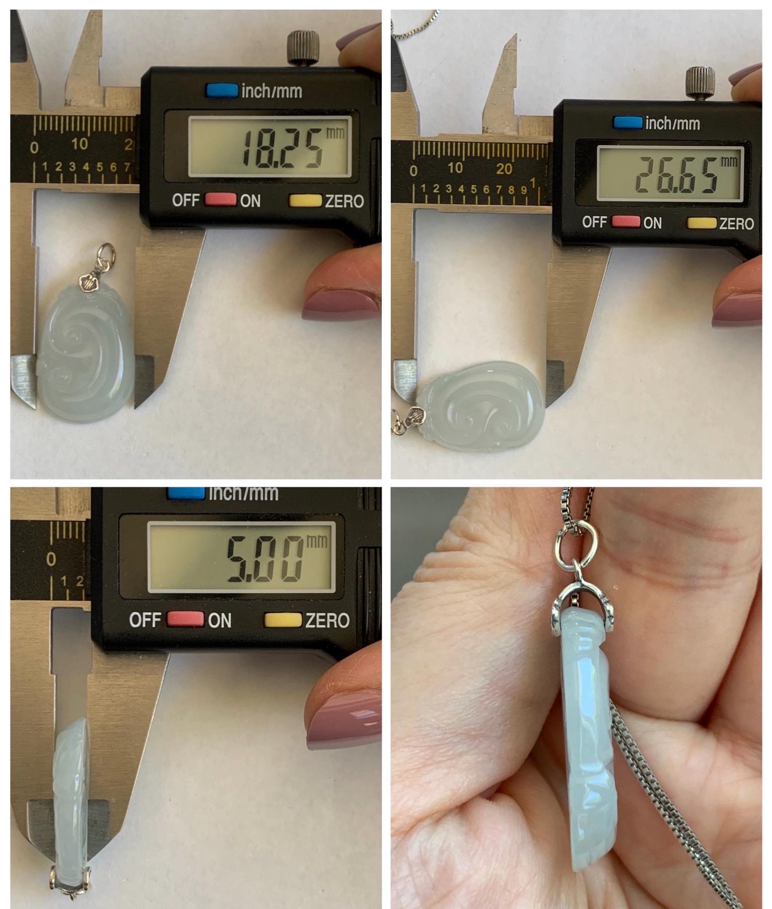 Natural Grade A Icy Translucent White Jade Jadeite Carved Ruyi Pendant Sterling Silver 6g 天然白冰胶翡翠如意吊坠 MKA240W