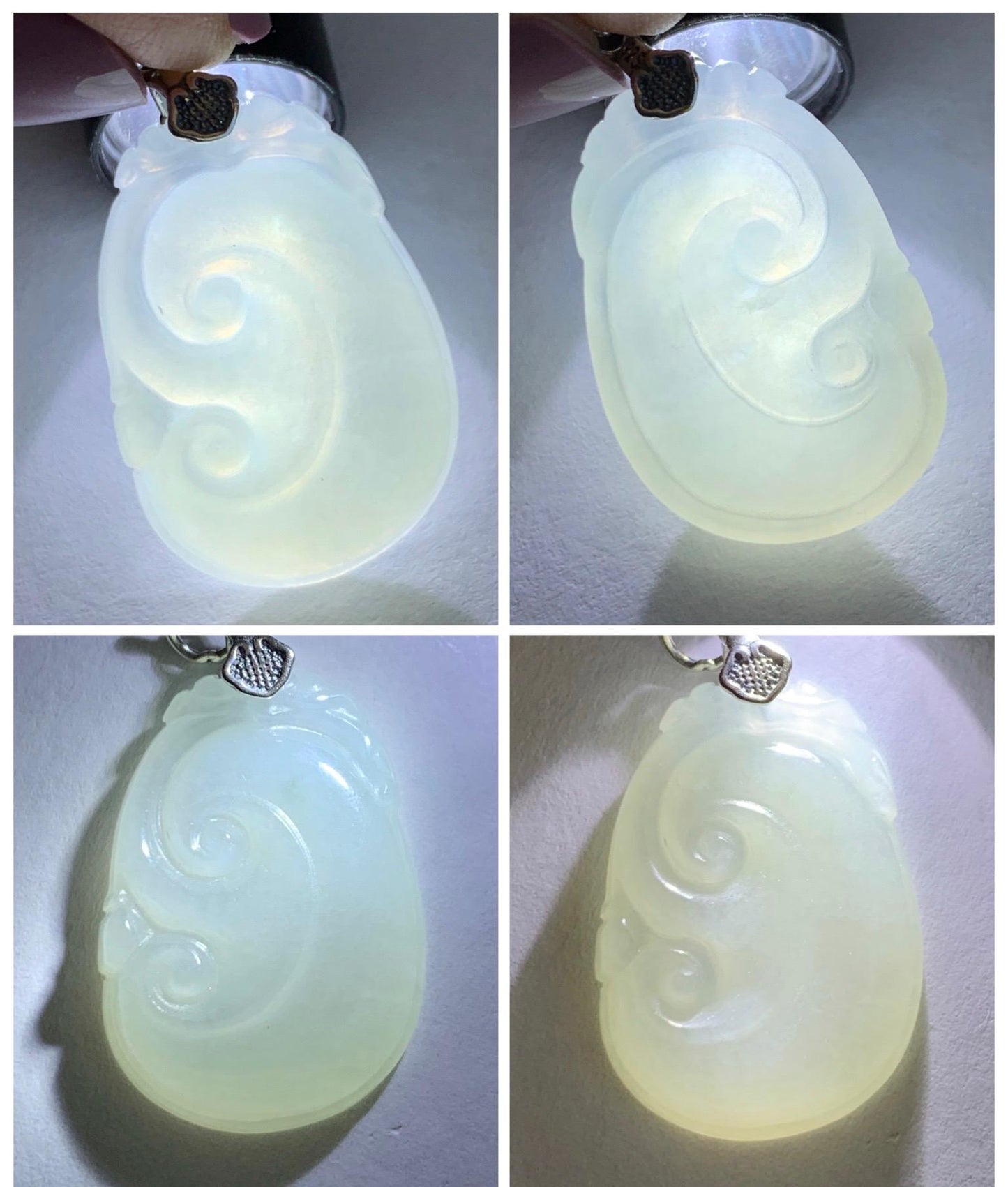 Natural Grade A Icy Translucent White Jade Jadeite Carved Ruyi Pendant Sterling Silver 6g 天然白冰胶翡翠如意吊坠 MKA240W