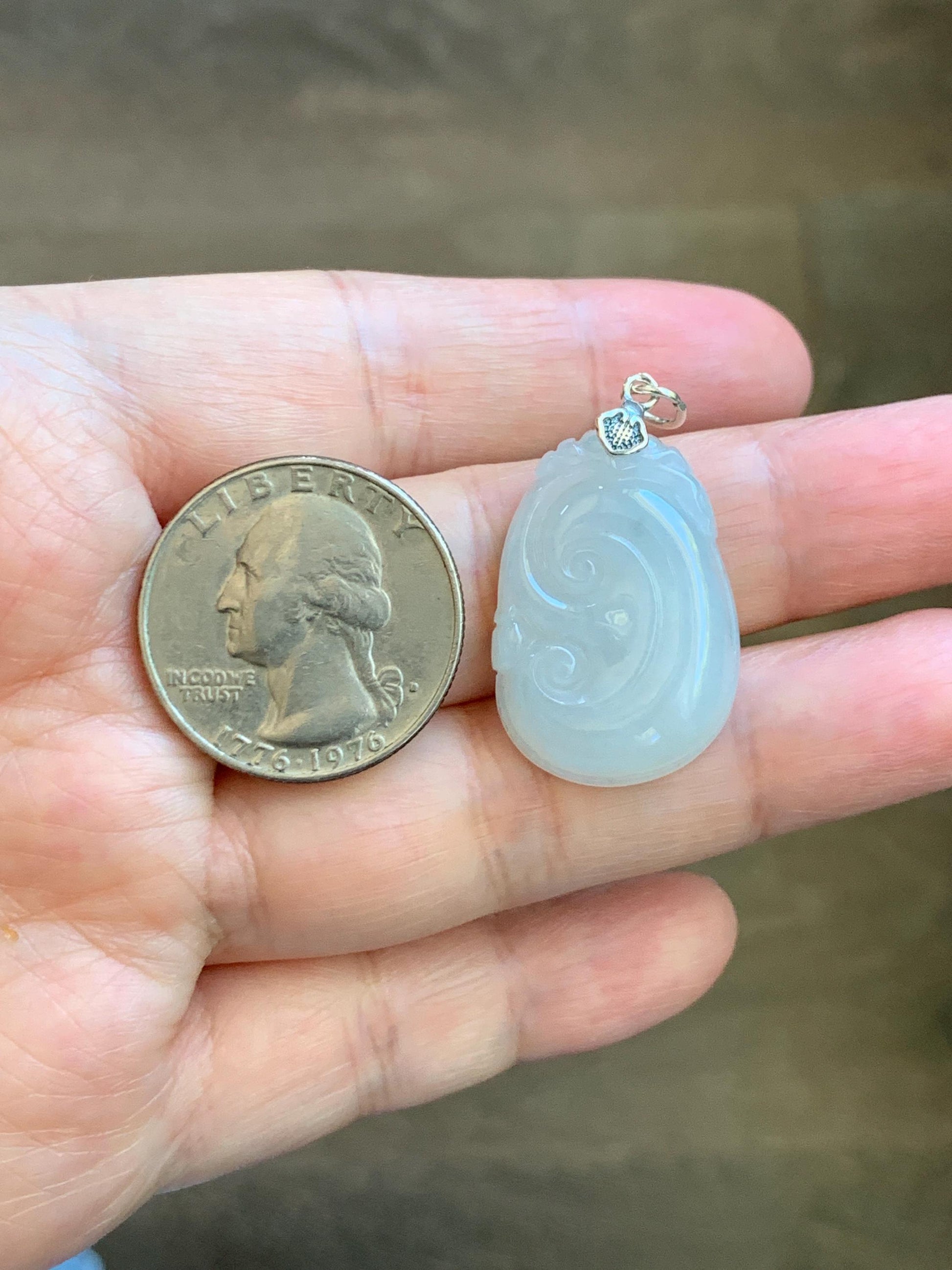 Natural Grade A Icy Translucent White Jade Jadeite Carved Ruyi Pendant Sterling Silver 6g 天然白冰胶翡翠如意吊坠 MKA240W