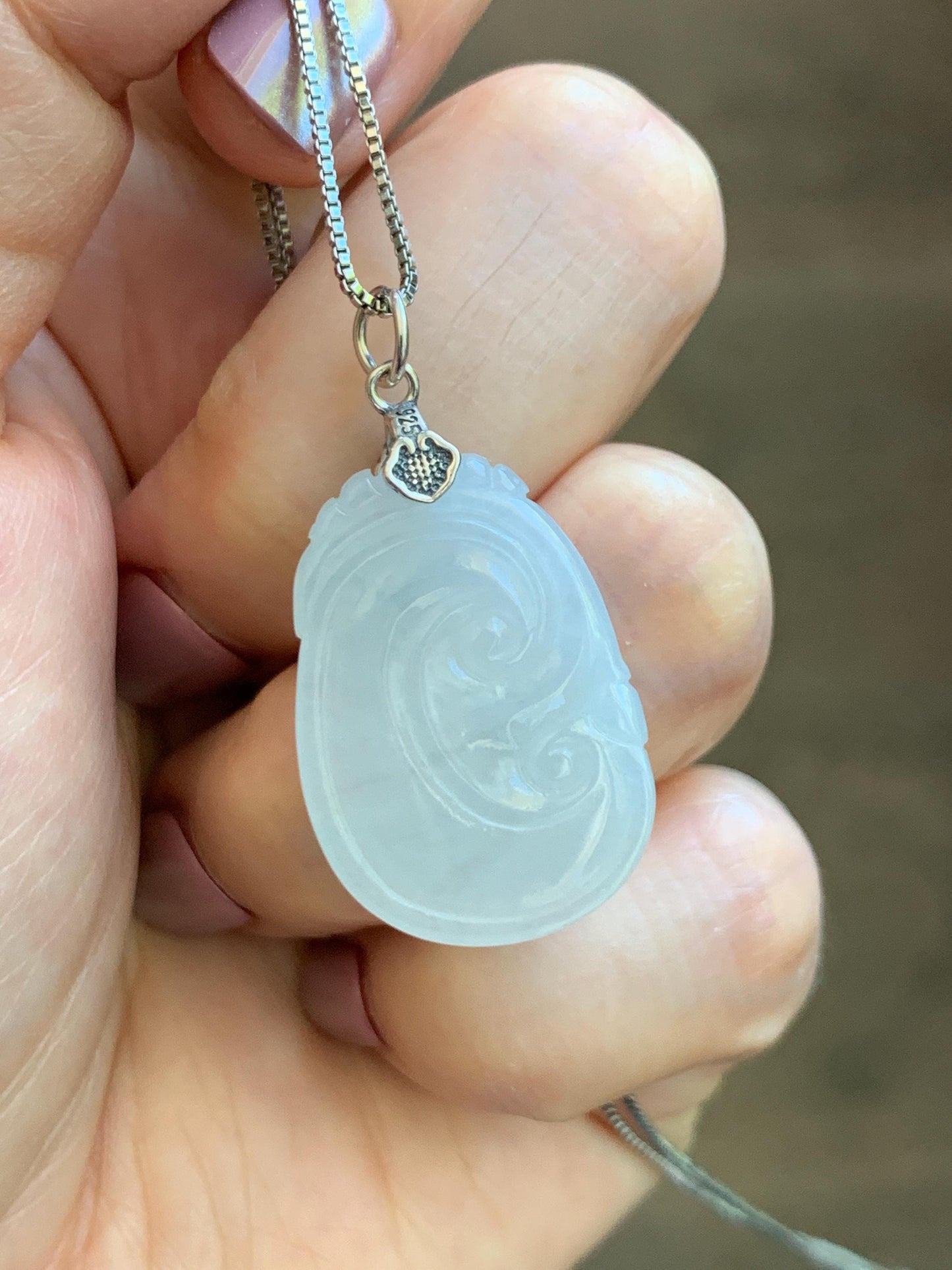 Natural Grade A Icy Translucent White Jade Jadeite Carved Ruyi Pendant Sterling Silver 6g 天然白冰胶翡翠如意吊坠 MKA240W