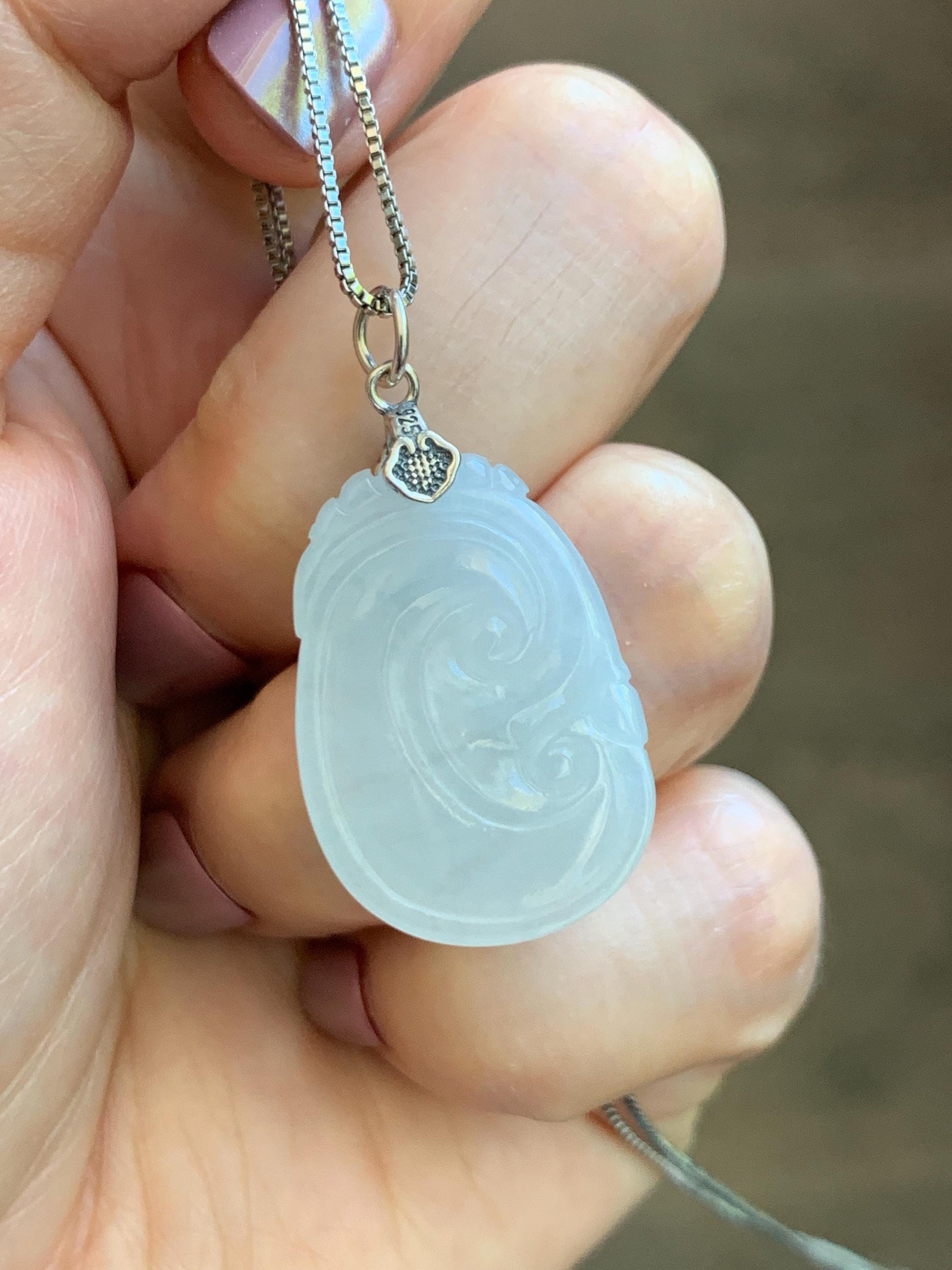 Natural Grade A Icy Translucent White Jade Jadeite Carved Ruyi Pendant Sterling Silver 6g 天然白冰胶翡翠如意吊坠 MKA240W
