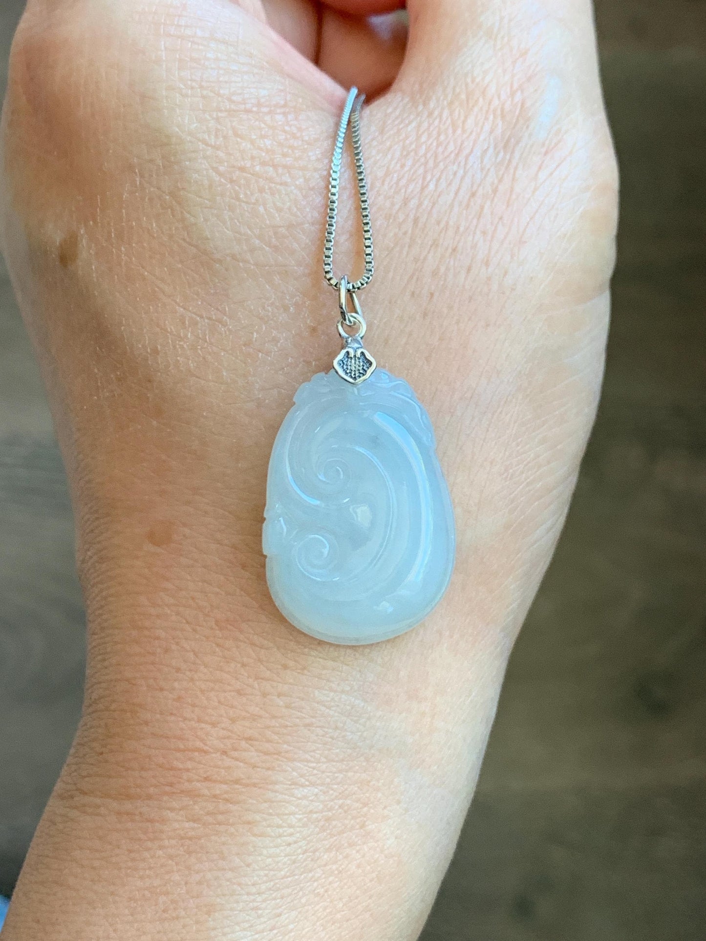 Natural Grade A Icy Translucent White Jade Jadeite Carved Ruyi Pendant Sterling Silver 6g 天然白冰胶翡翠如意吊坠 MKA240W