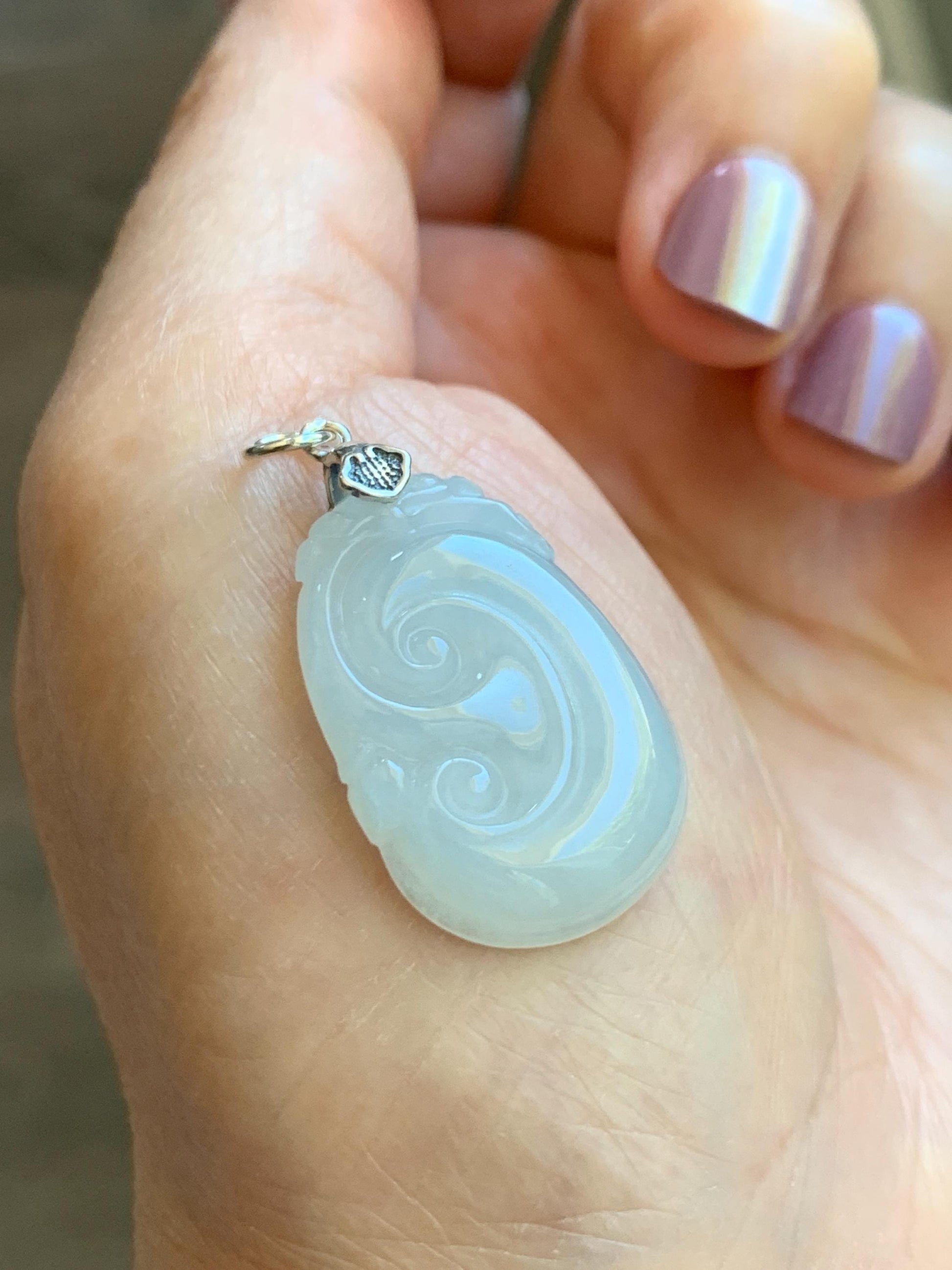 Natural Grade A Icy Translucent White Jade Jadeite Carved Ruyi Pendant Sterling Silver 6g 天然白冰胶翡翠如意吊坠 MKA240W