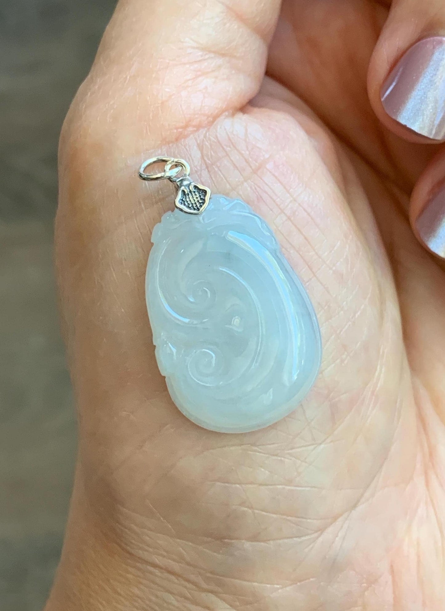 Natural Grade A Icy Translucent White Jade Jadeite Carved Ruyi Pendant Sterling Silver 6g 天然白冰胶翡翠如意吊坠 MKA240W