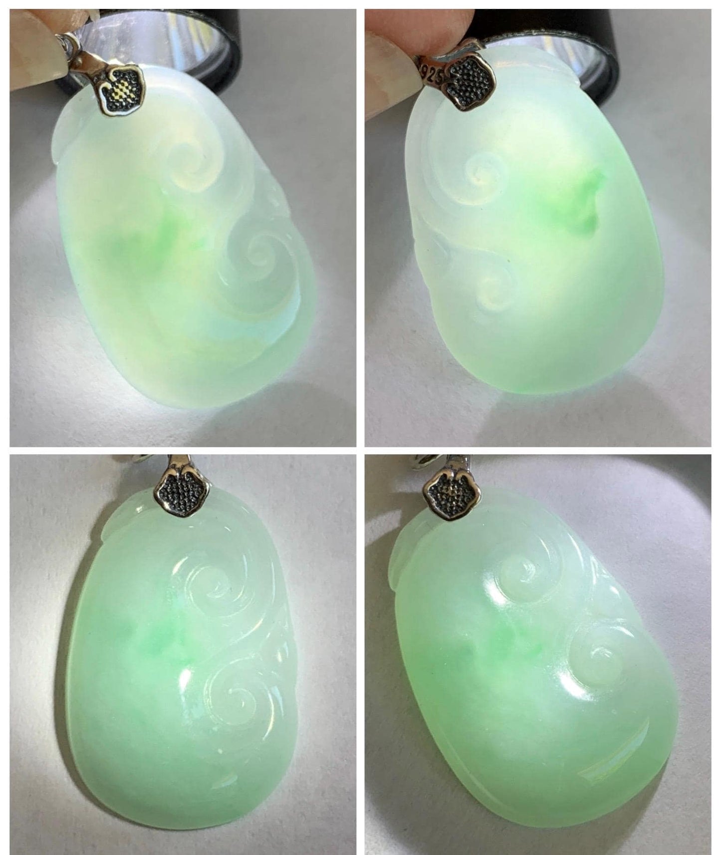 Natural Grade A Icy Translucent Light Green Jade Jadeite Carved Ruyi Pendant Sterling Silver 3g 天然冰胶晴底翡翠如意吊坠 MKA240G