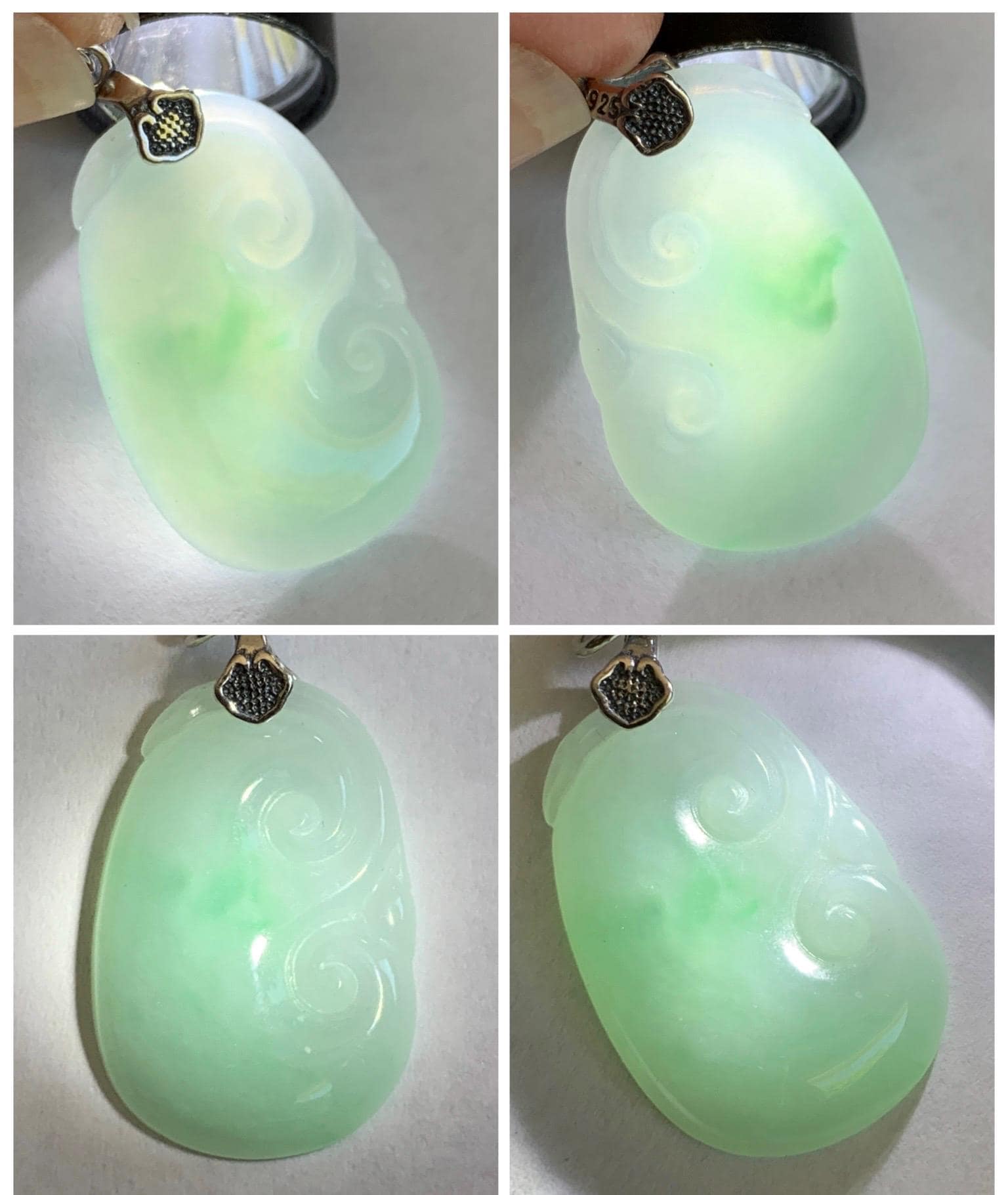 Natural Grade A Icy Translucent Light Green Jade Jadeite Carved Ruyi Pendant Sterling Silver 3g 天然冰胶晴底翡翠如意吊坠 MKA240G
