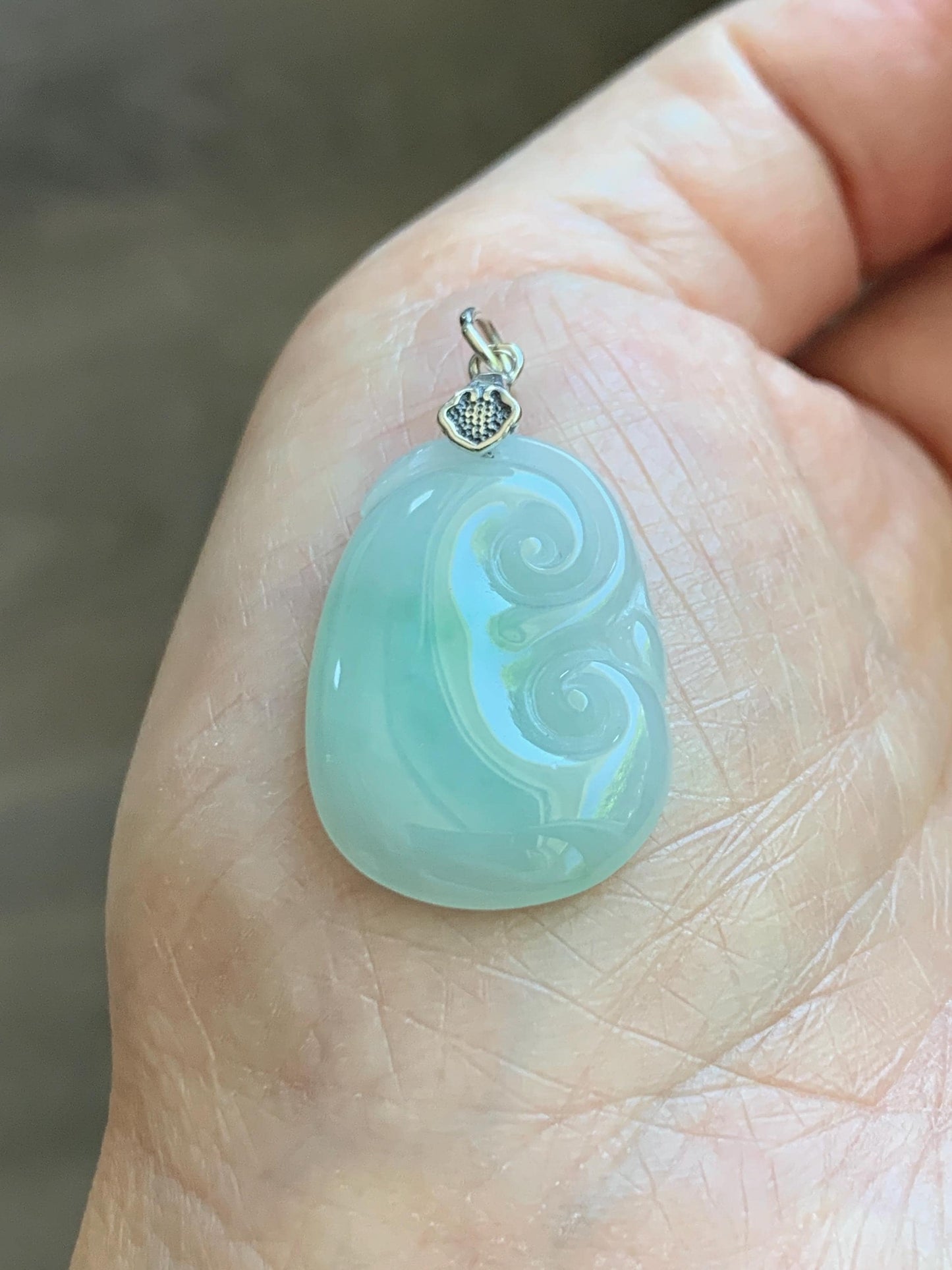Natural Grade A Icy Translucent Light Green Jade Jadeite Carved Ruyi Pendant Sterling Silver 3g 天然冰胶晴底翡翠如意吊坠 MKA240G
