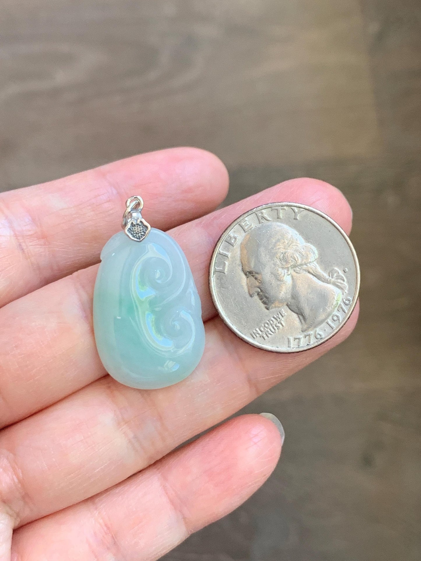 Natural Grade A Icy Translucent Light Green Jade Jadeite Carved Ruyi Pendant Sterling Silver 3g 天然冰胶晴底翡翠如意吊坠 MKA240G