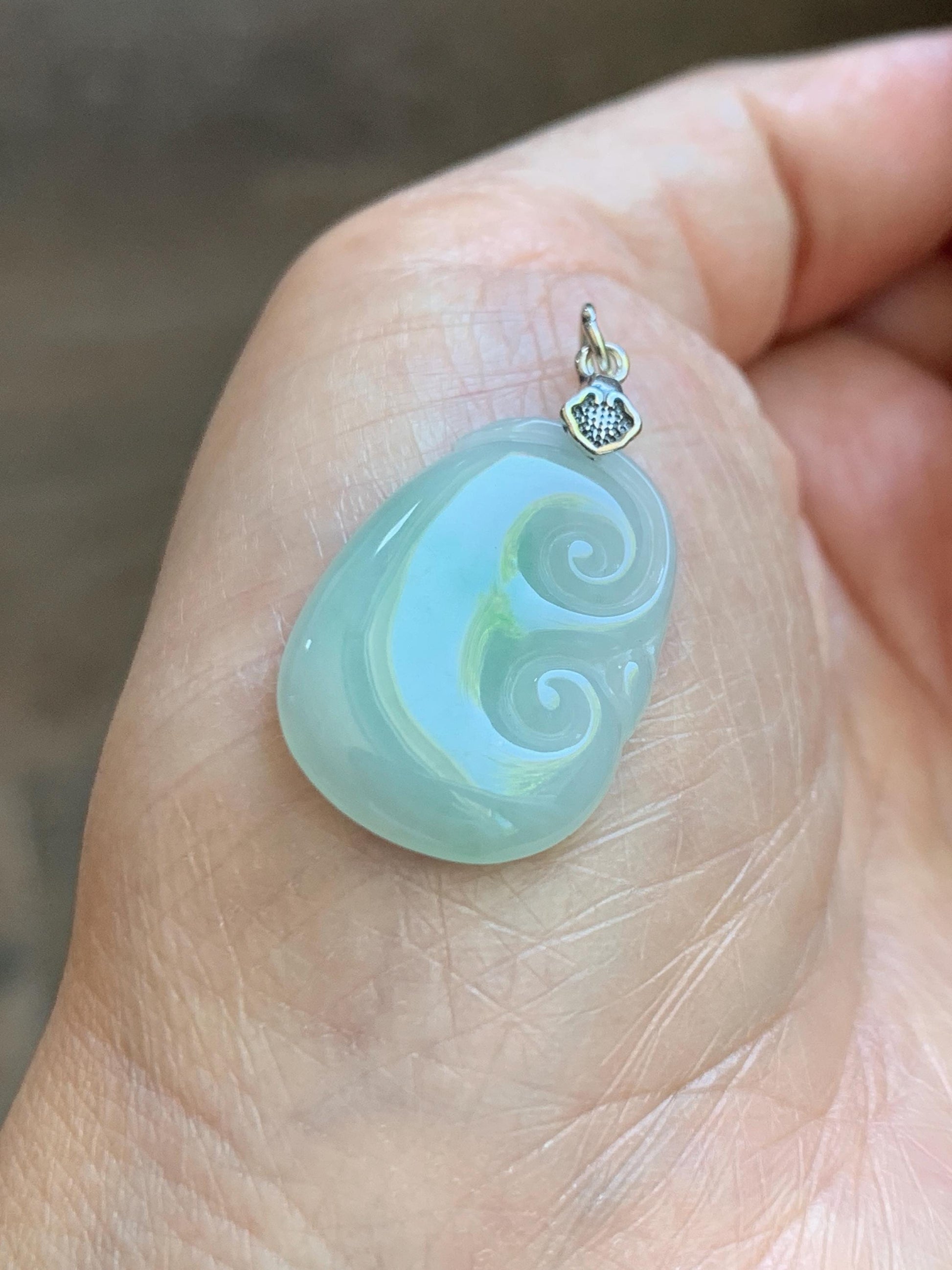 Natural Grade A Icy Translucent Light Green Jade Jadeite Carved Ruyi Pendant Sterling Silver 3g 天然冰胶晴底翡翠如意吊坠 MKA240G