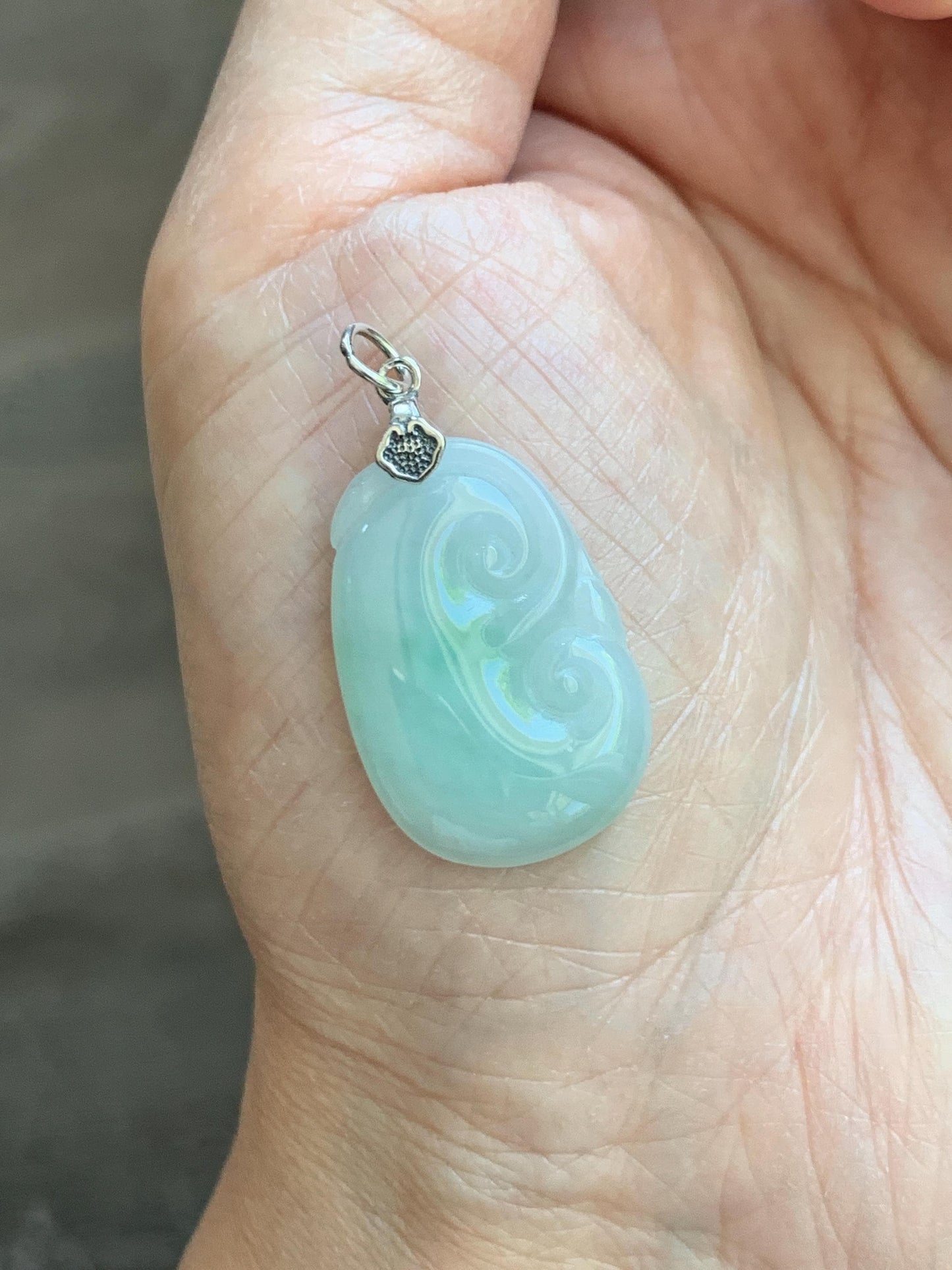 Natural Grade A Icy Translucent Light Green Jade Jadeite Carved Ruyi Pendant Sterling Silver 3g 天然冰胶晴底翡翠如意吊坠 MKA240G