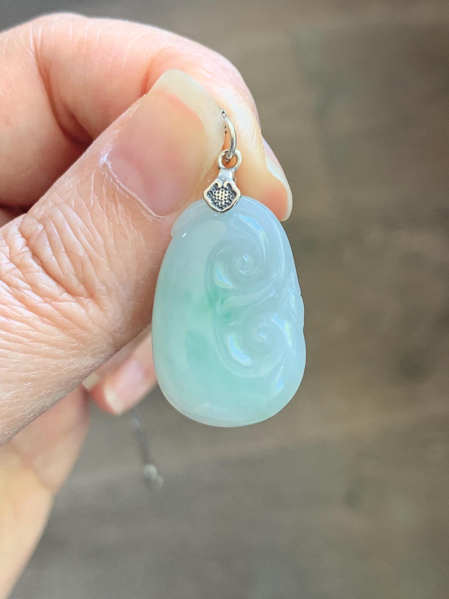 Natural Grade A Icy Translucent Light Green Jade Jadeite Carved Ruyi Pendant Sterling Silver 3g 天然冰胶晴底翡翠如意吊坠 MKA240G