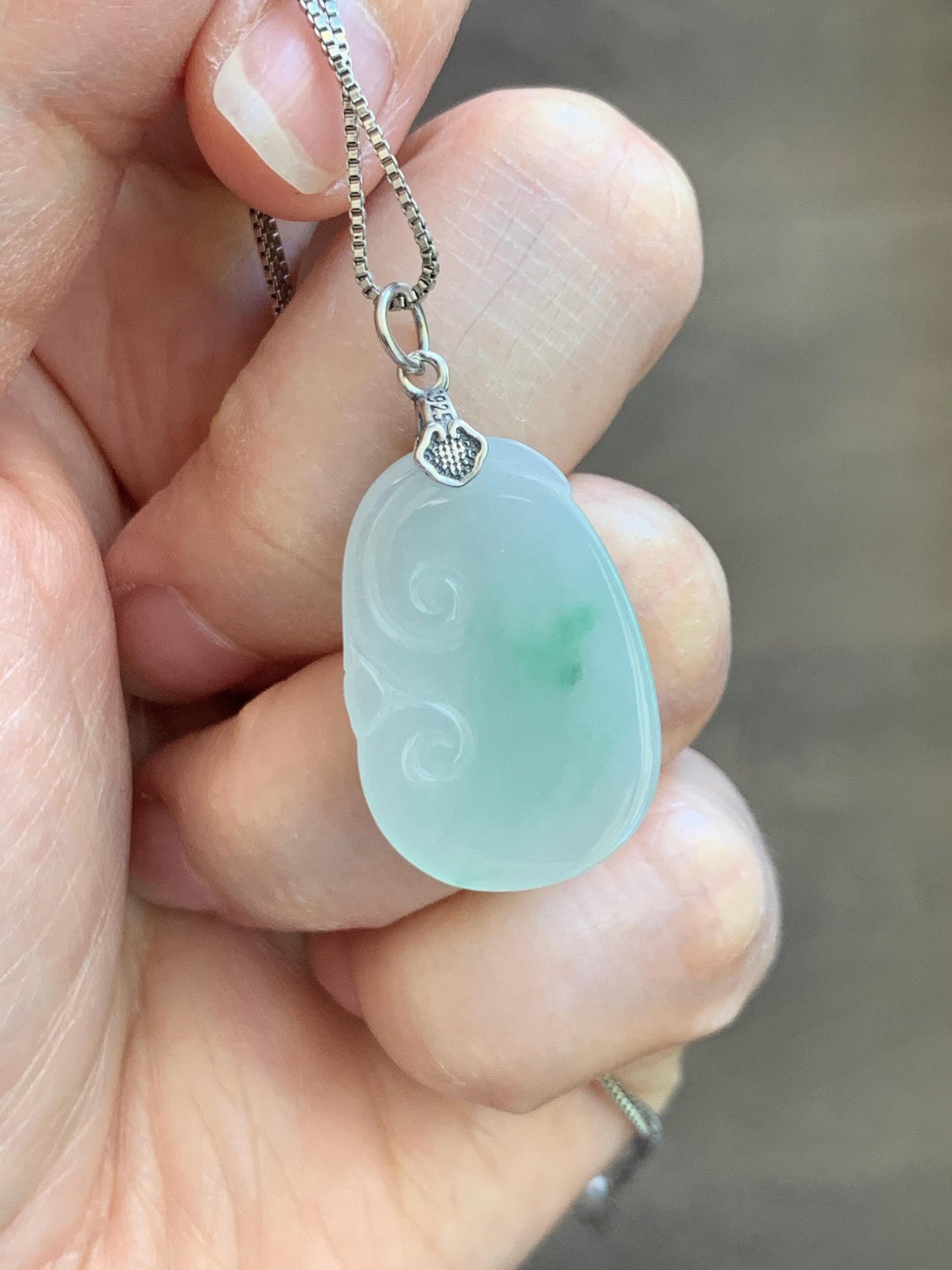 Natural Grade A Icy Translucent Light Green Jade Jadeite Carved Ruyi Pendant Sterling Silver 3g 天然冰胶晴底翡翠如意吊坠 MKA240G