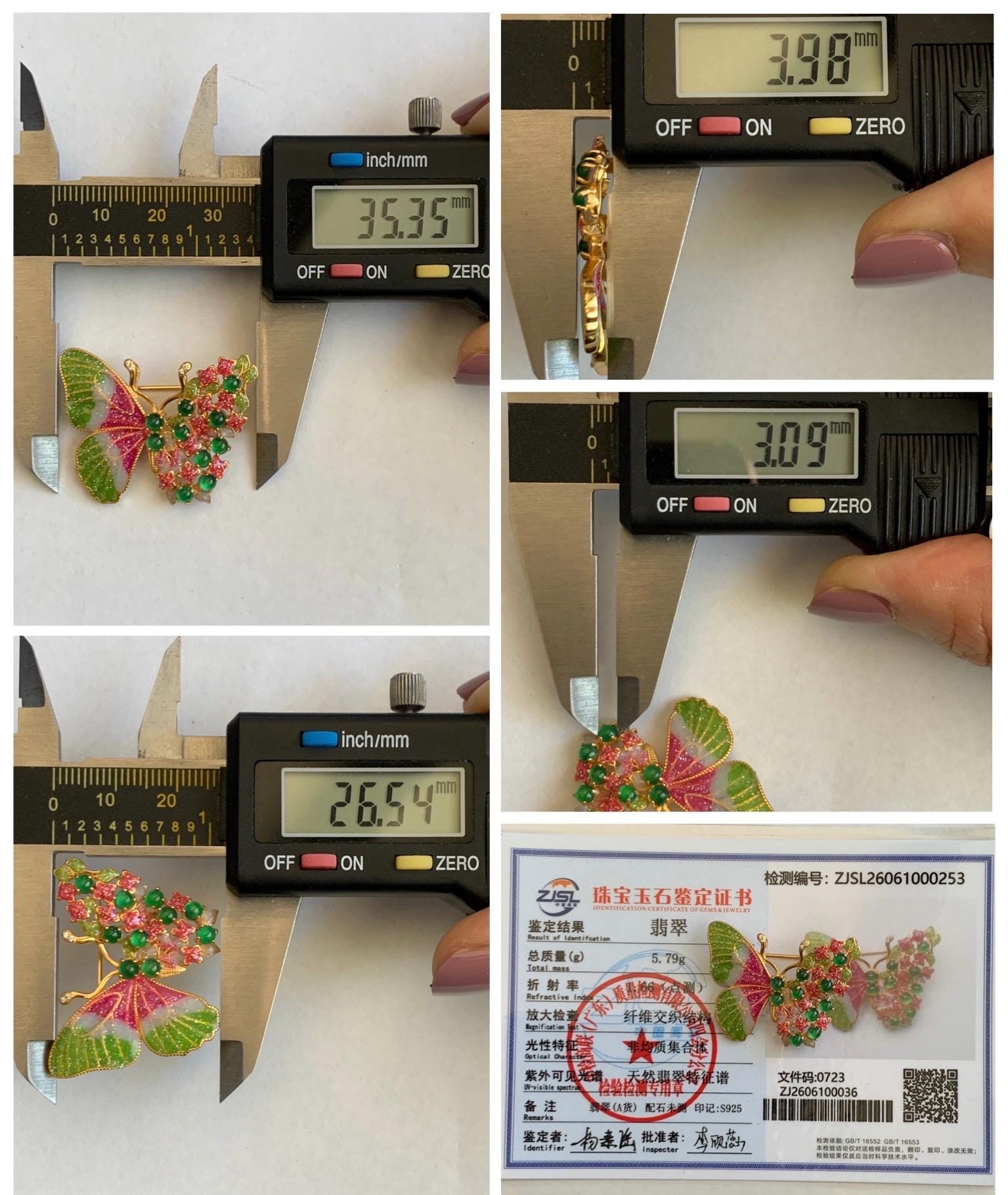 Certified Natural Guatemalan Icy Translucent Vibrant Green Jade Jadeite Butterfly Brooch Pendant Sterling Silver 天然冰危绿翡翠银镶蝴蝶烤漆胸针吊坠 253