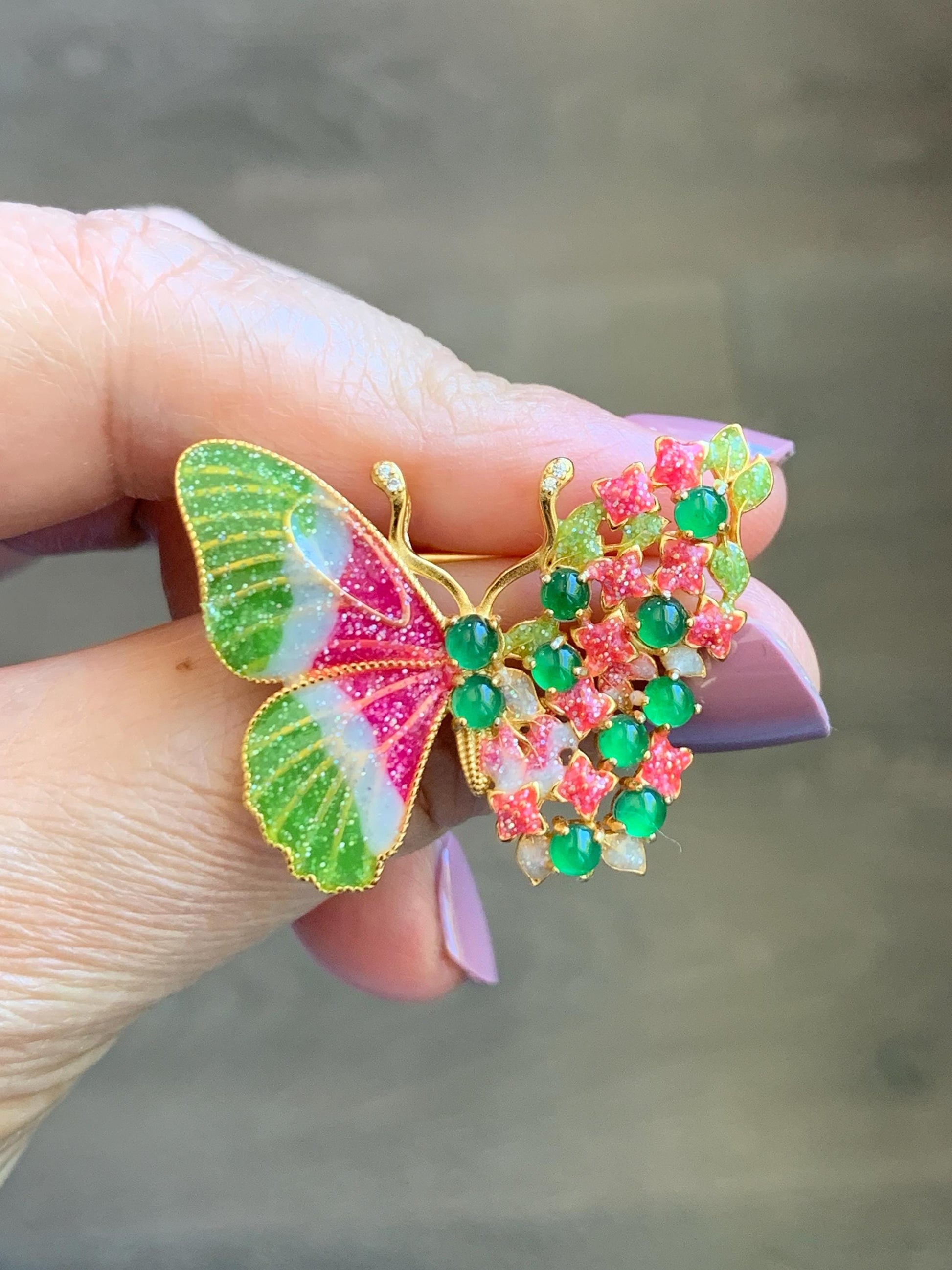 Certified Natural Guatemalan Icy Translucent Vibrant Green Jade Jadeite Butterfly Brooch Pendant Sterling Silver 天然冰危绿翡翠银镶蝴蝶烤漆胸针吊坠 253