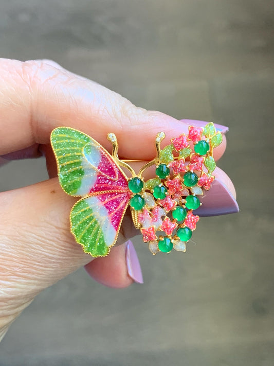 Certified Natural Guatemalan Icy Translucent Vibrant Green Jade Jadeite Butterfly Brooch Pendant Sterling Silver 天然冰危绿翡翠银镶蝴蝶烤漆胸针吊坠 253