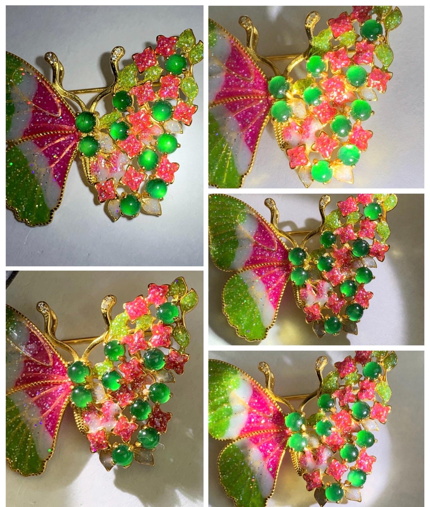 Certified Natural Guatemalan Icy Translucent Vibrant Green Jade Jadeite Butterfly Brooch Pendant Sterling Silver 天然冰危绿翡翠银镶蝴蝶烤漆胸针吊坠 253