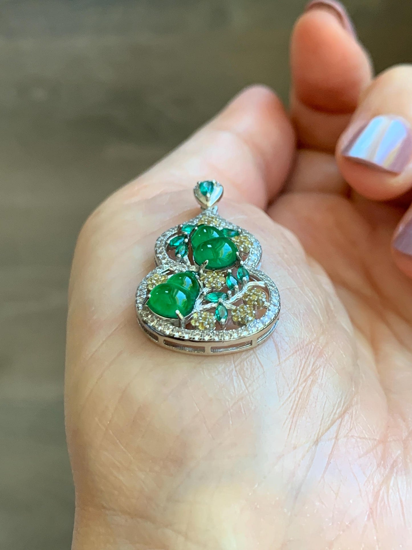 Certified Natural Grade A Guatemalan Icy Translucent Vibrant Green Jade Jadeite Double Gourd Hulu Pendant Sterling Silver 天然冰危绿翡翠双葫芦吊坠 249
