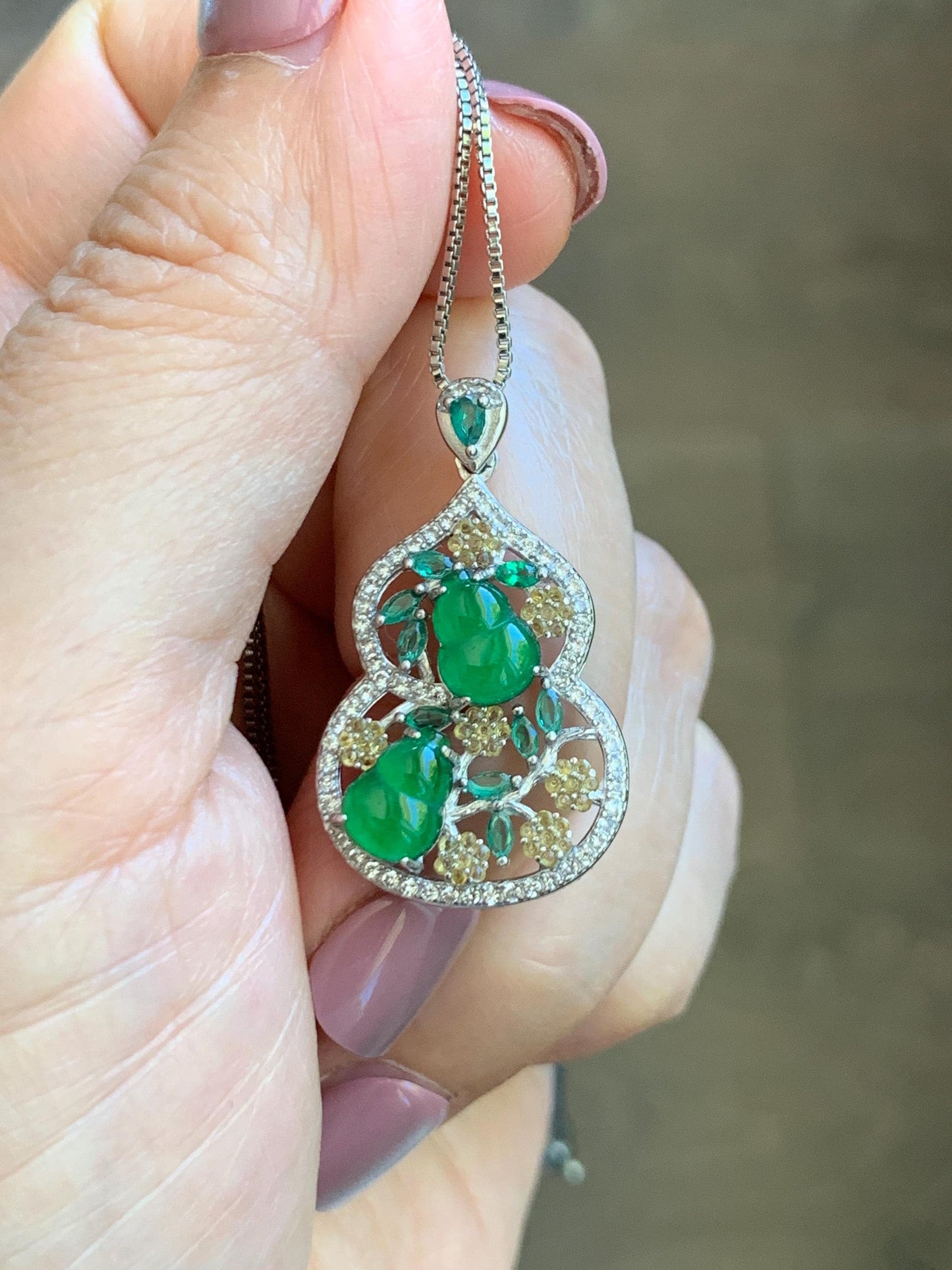 Certified Natural Grade A Guatemalan Icy Translucent Vibrant Green Jade Jadeite Double Gourd Hulu Pendant Sterling Silver 天然冰危绿翡翠双葫芦吊坠 249