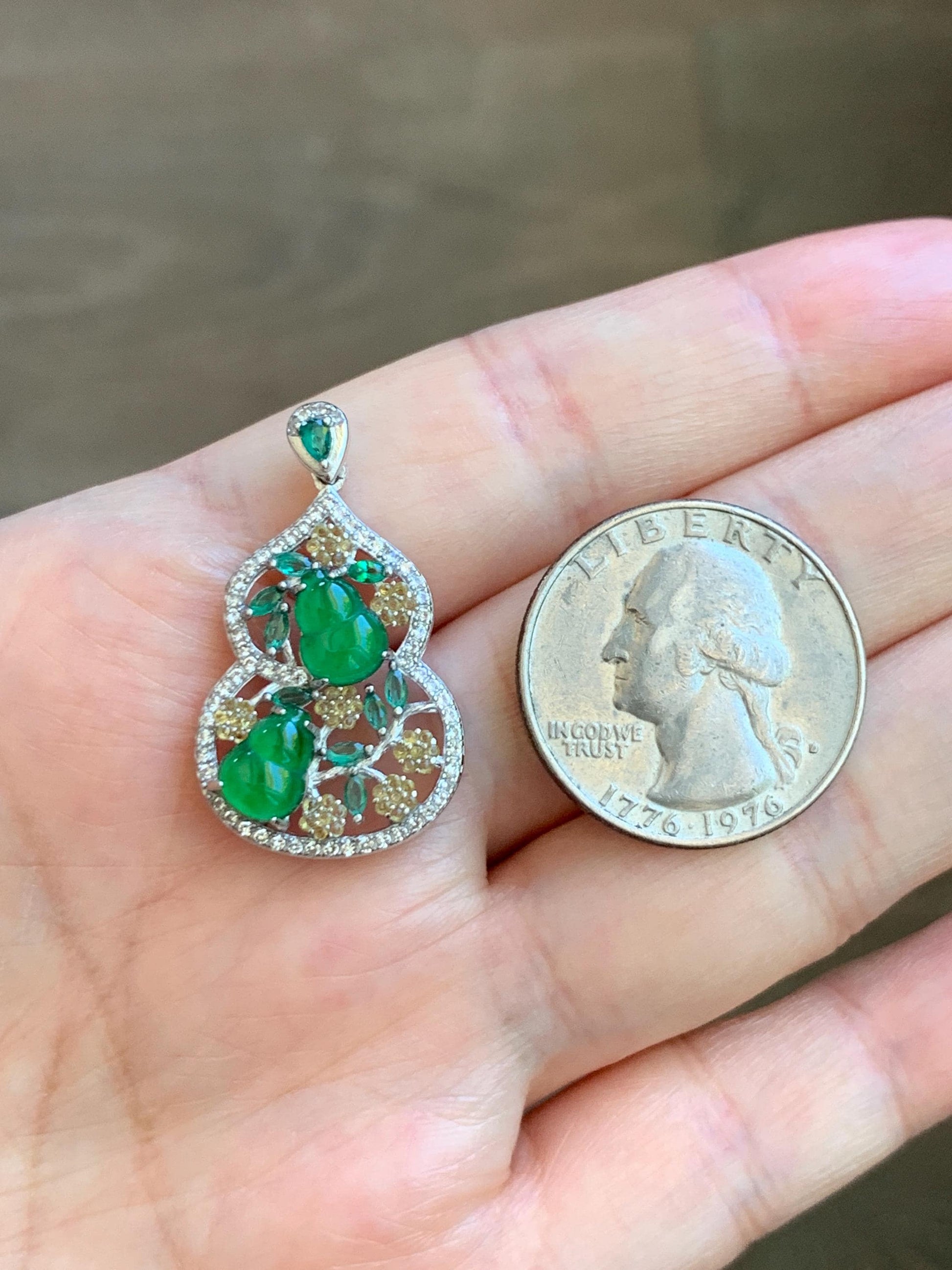 Certified Natural Grade A Guatemalan Icy Translucent Vibrant Green Jade Jadeite Double Gourd Hulu Pendant Sterling Silver 天然冰危绿翡翠双葫芦吊坠 249