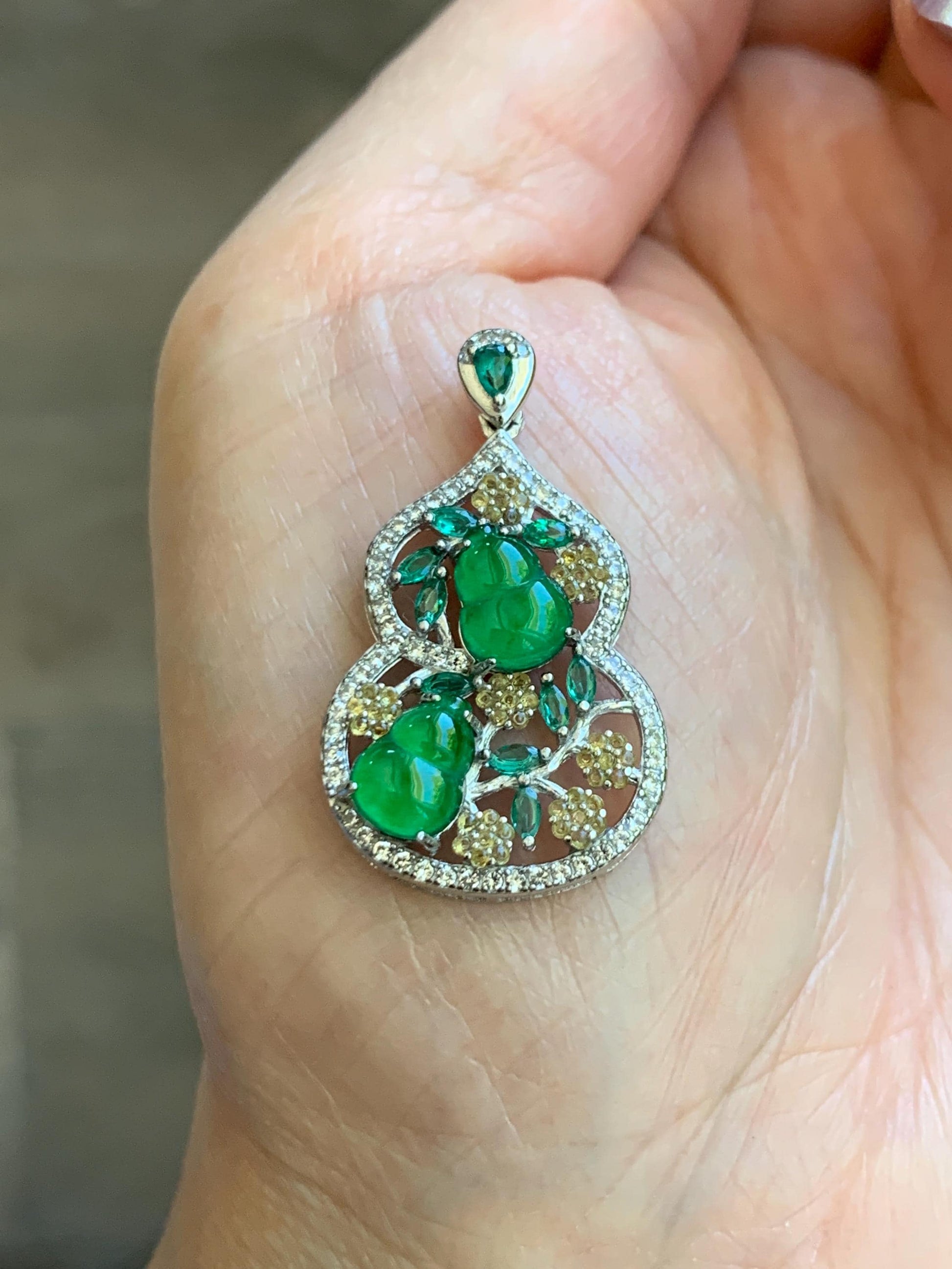 Certified Natural Grade A Guatemalan Icy Translucent Vibrant Green Jade Jadeite Double Gourd Hulu Pendant Sterling Silver 天然冰危绿翡翠双葫芦吊坠 249