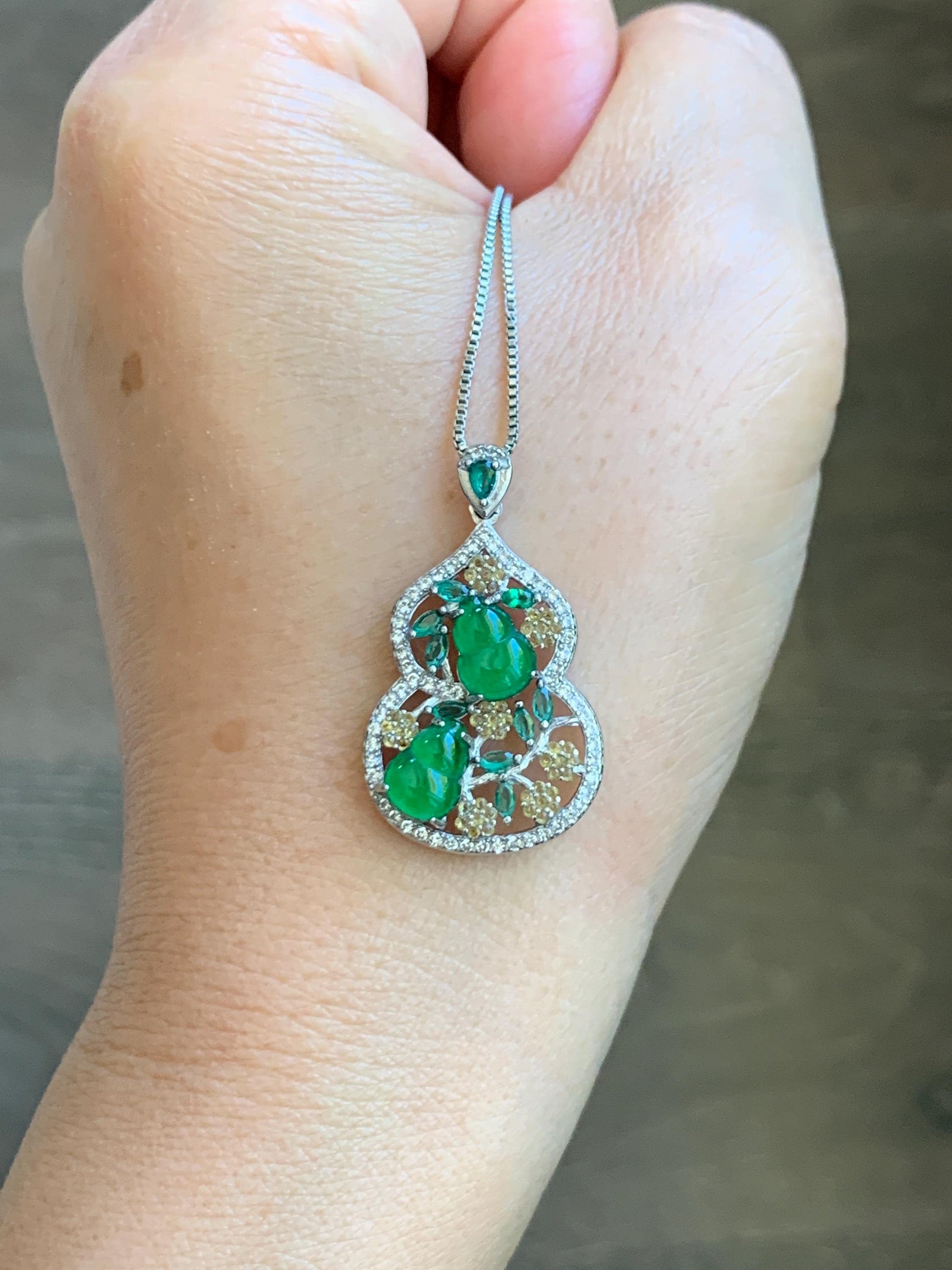 Certified Natural Grade A Guatemalan Icy Translucent Vibrant Green Jade Jadeite Double Gourd Hulu Pendant Sterling Silver 天然冰危绿翡翠双葫芦吊坠 249