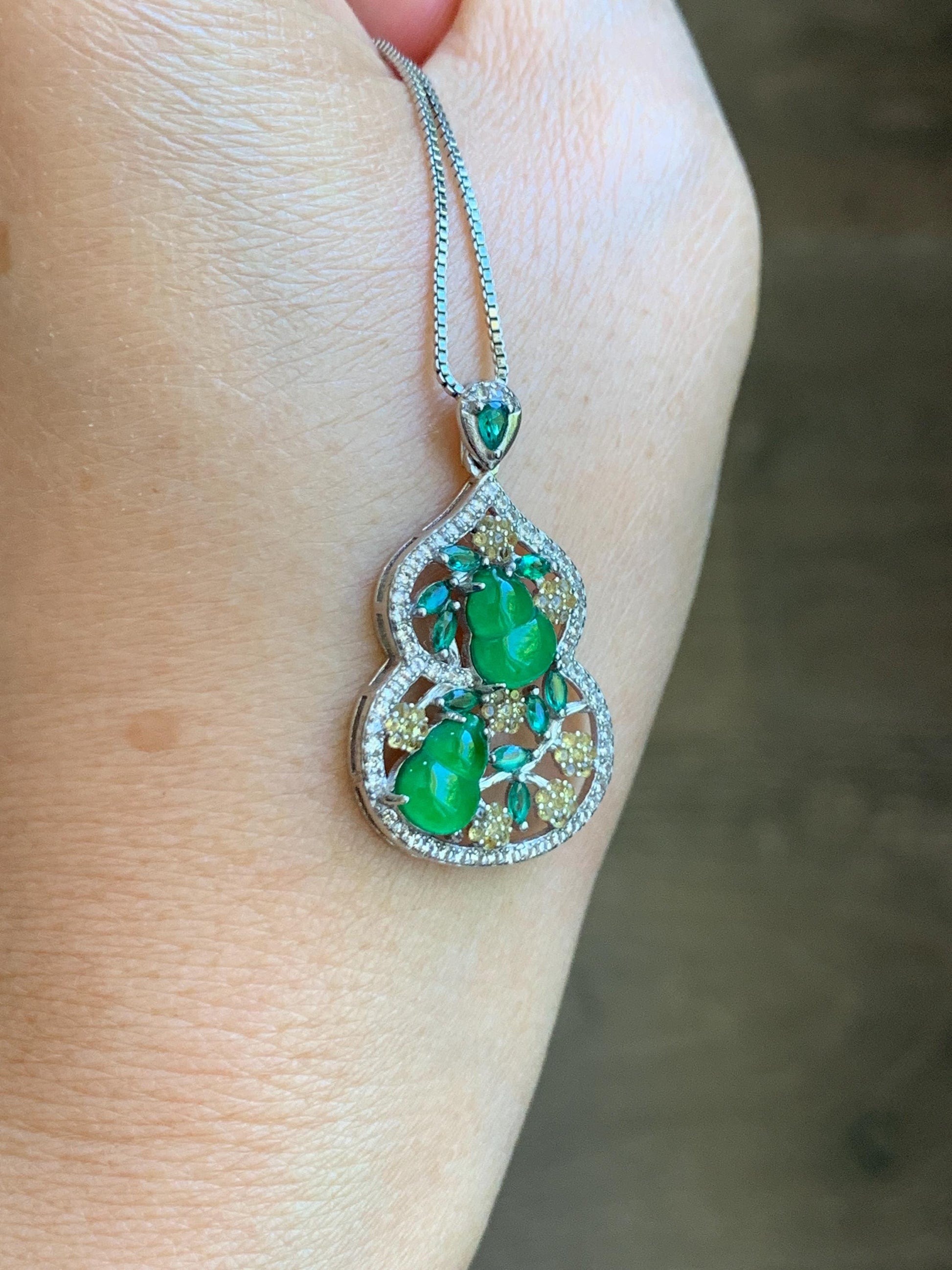 Certified Natural Grade A Guatemalan Icy Translucent Vibrant Green Jade Jadeite Double Gourd Hulu Pendant Sterling Silver 天然冰危绿翡翠双葫芦吊坠 249