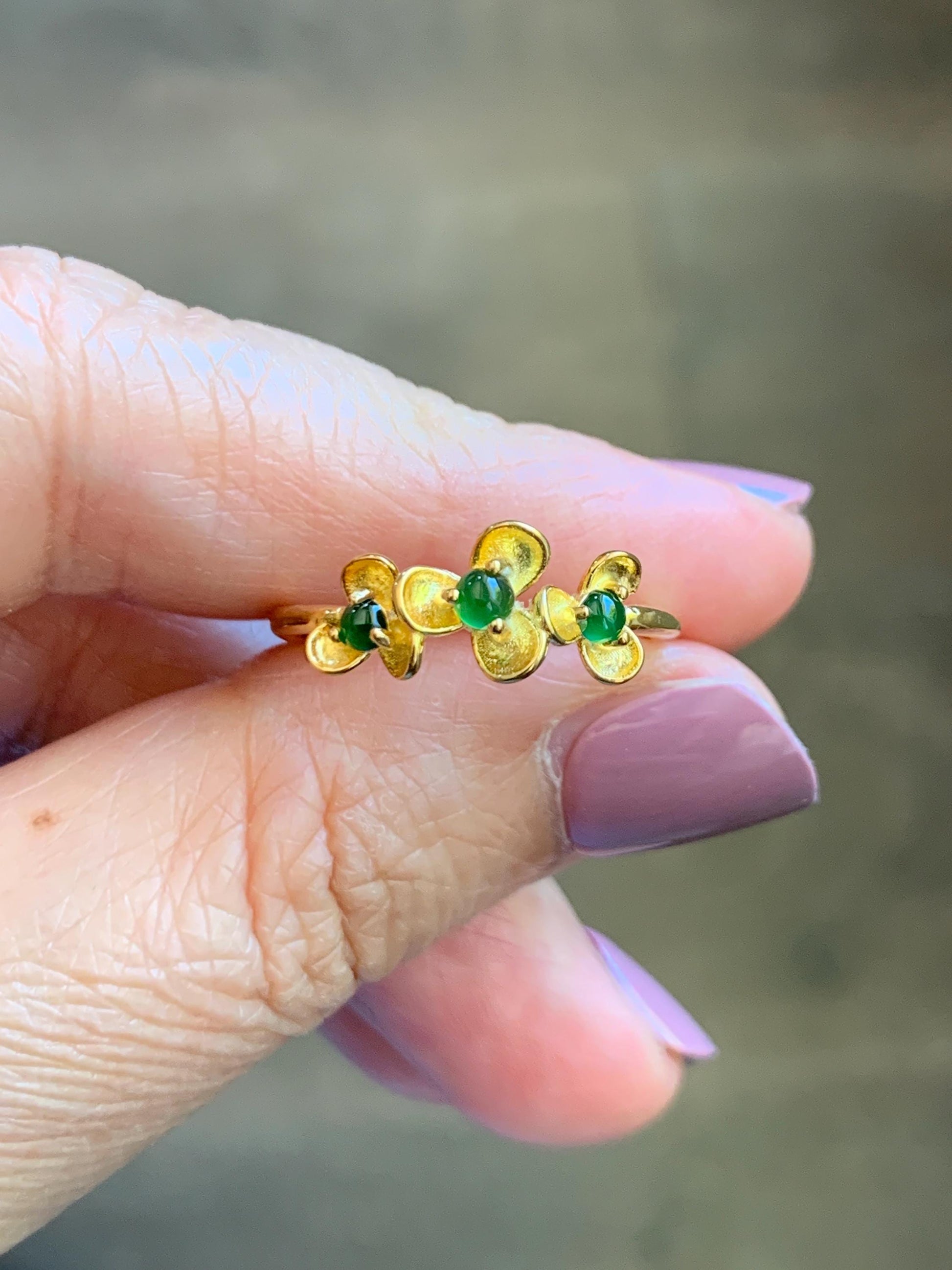 Certified Natural Grade A Guatemalan Icy Translucent Vibrant Green Jadeite Flower Ring Sterling Silver Size 6.75 Adjustable 天然冰危绿翡翠银镶戒指 232