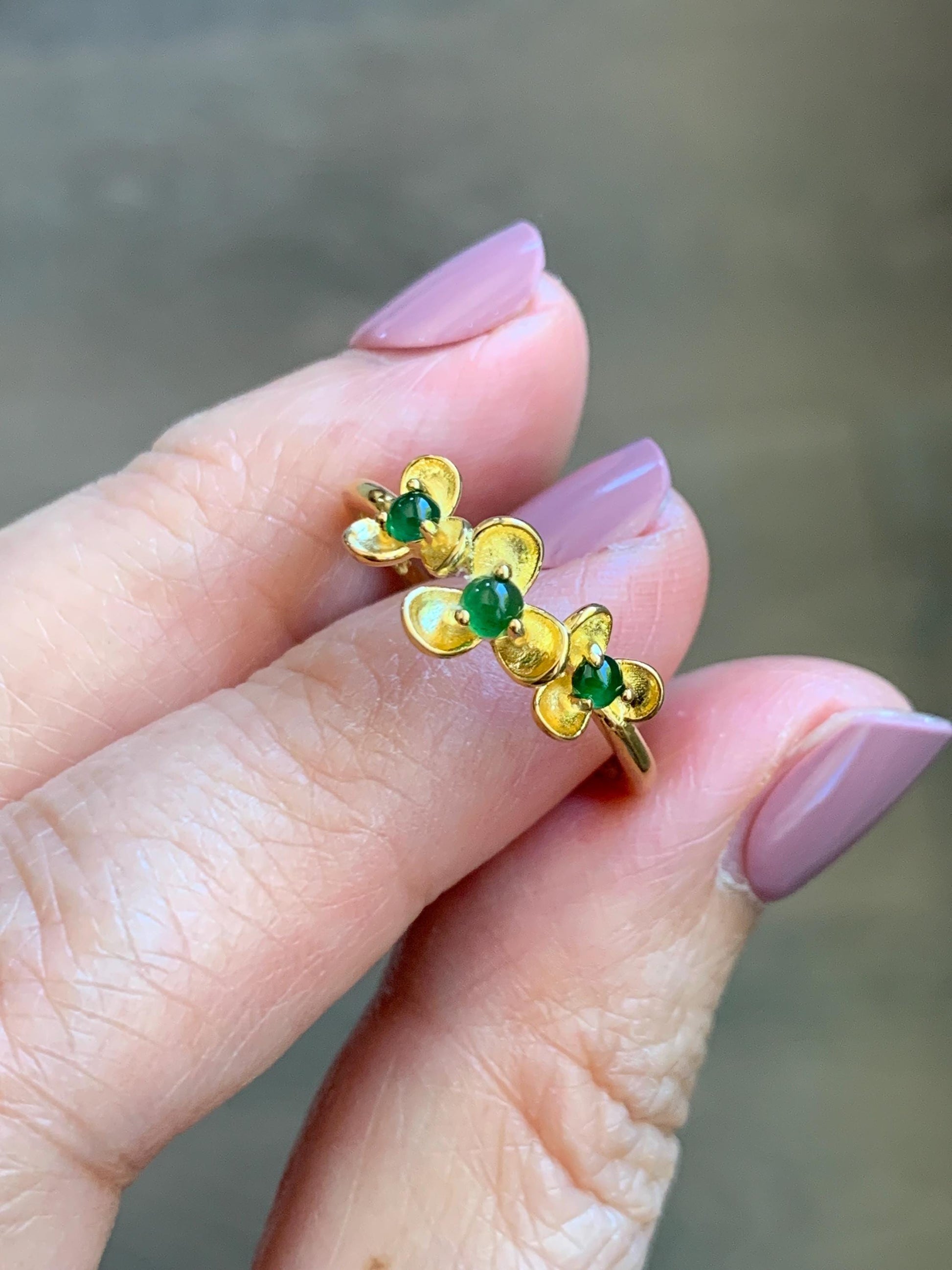 Certified Natural Grade A Guatemalan Icy Translucent Vibrant Green Jadeite Flower Ring Sterling Silver Size 6.75 Adjustable 天然冰危绿翡翠银镶戒指 232