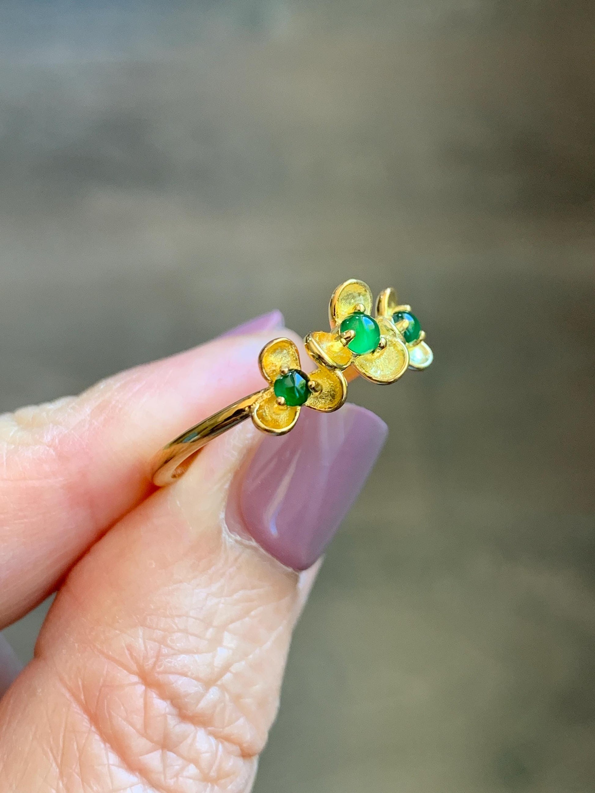 Certified Natural Grade A Guatemalan Icy Translucent Vibrant Green Jadeite Flower Ring Sterling Silver Size 6.75 Adjustable 天然冰危绿翡翠银镶戒指 232