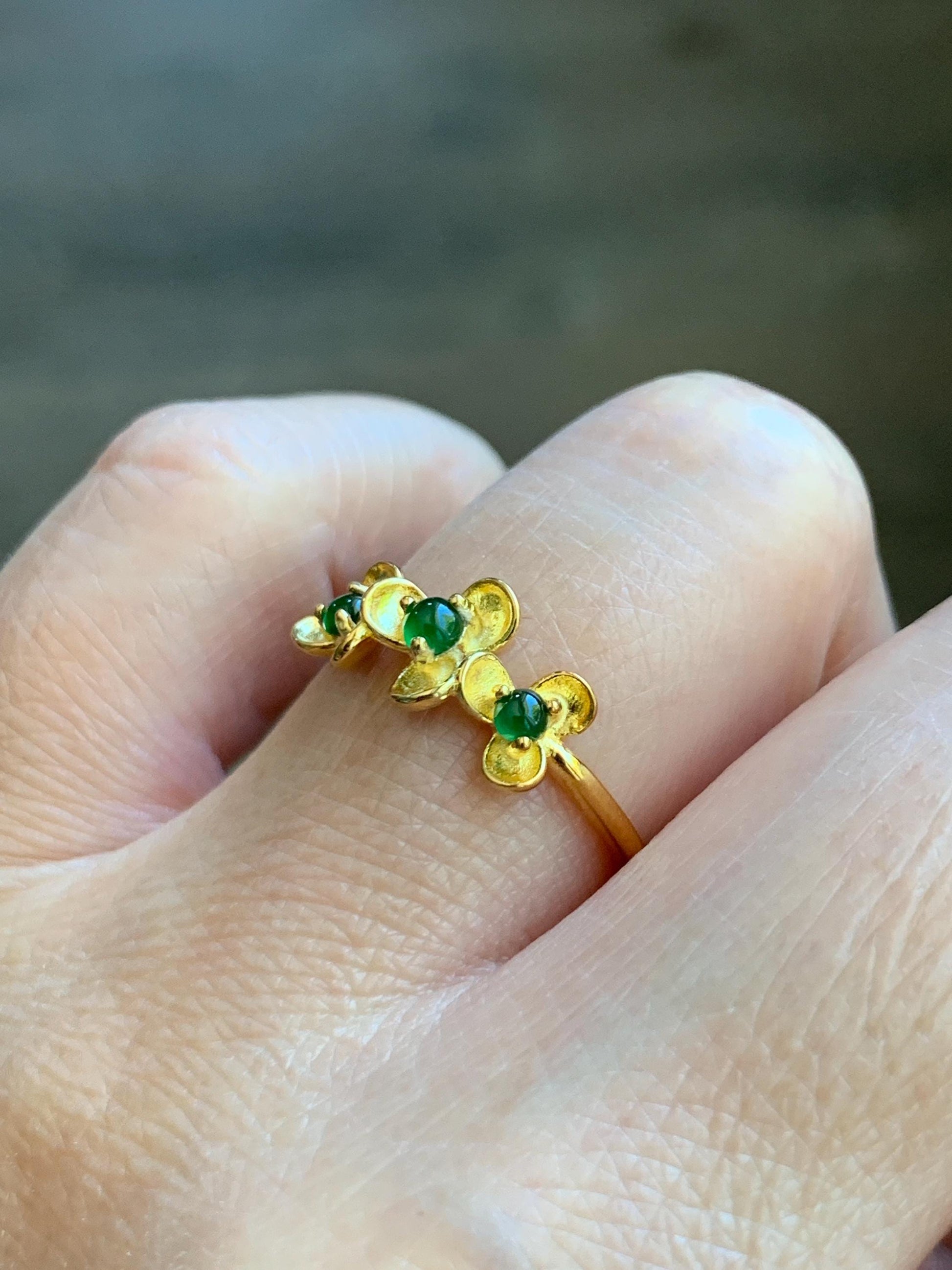 Certified Natural Grade A Guatemalan Icy Translucent Vibrant Green Jadeite Flower Ring Sterling Silver Size 6.75 Adjustable 天然冰危绿翡翠银镶戒指 232
