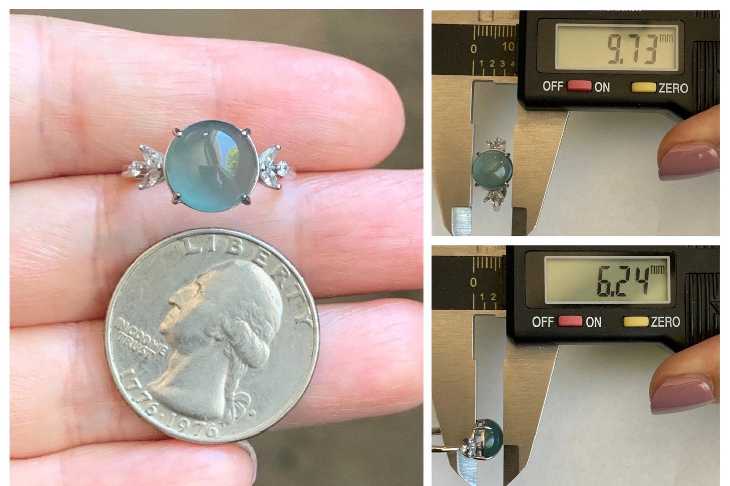 Natural Grade A Guatemalan Icy Translucent Dusty Teal Green Round Jade Jadeite Ring Sterling Silver Size 6 US Adjustable 天然冰危蓝绿翡翠银镶戒指 WDL110
