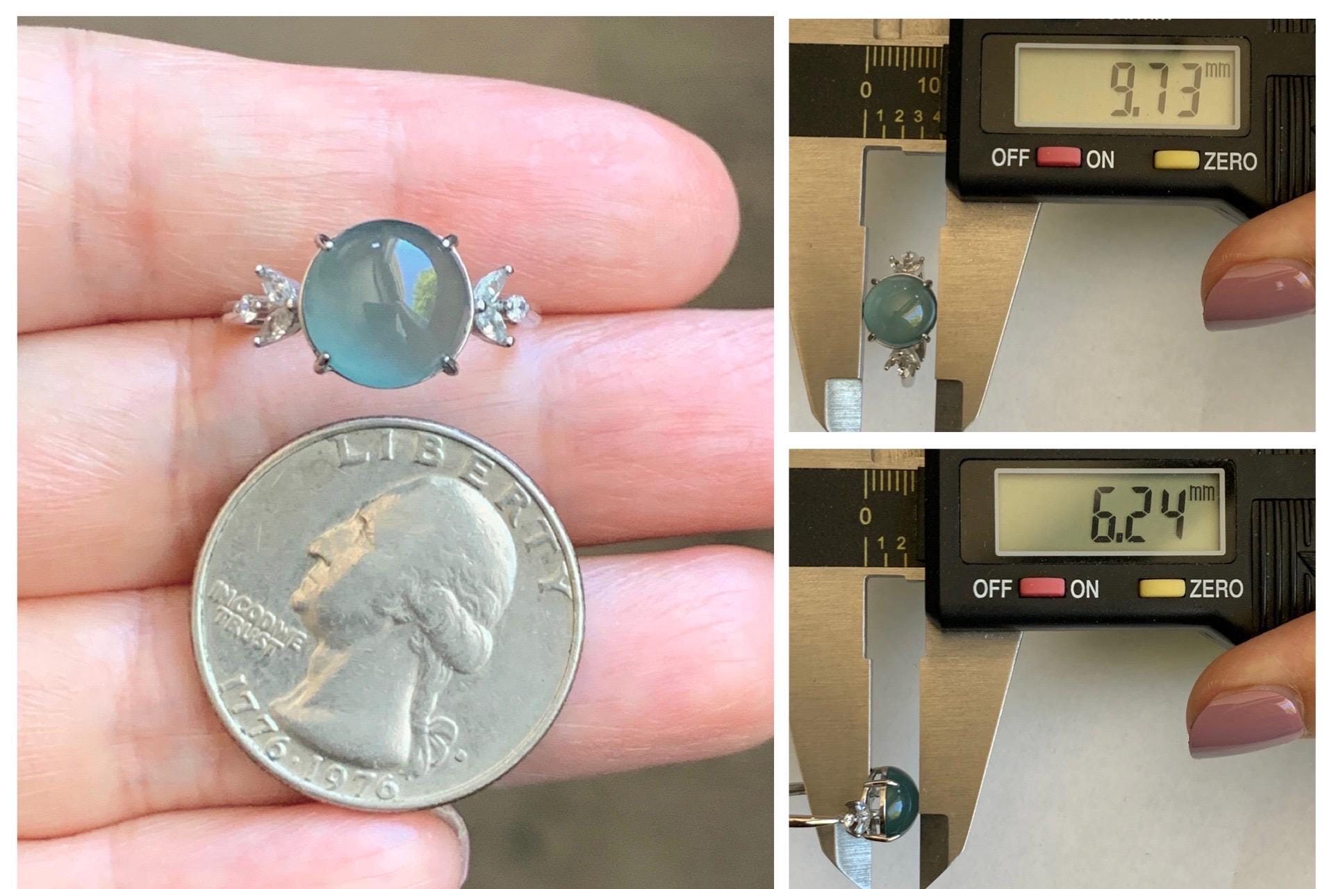 Natural Grade A Guatemalan Icy Translucent Dusty Teal Green Round Jade Jadeite Ring Sterling Silver Size 6 US Adjustable 天然冰危蓝绿翡翠银镶戒指 WDL110