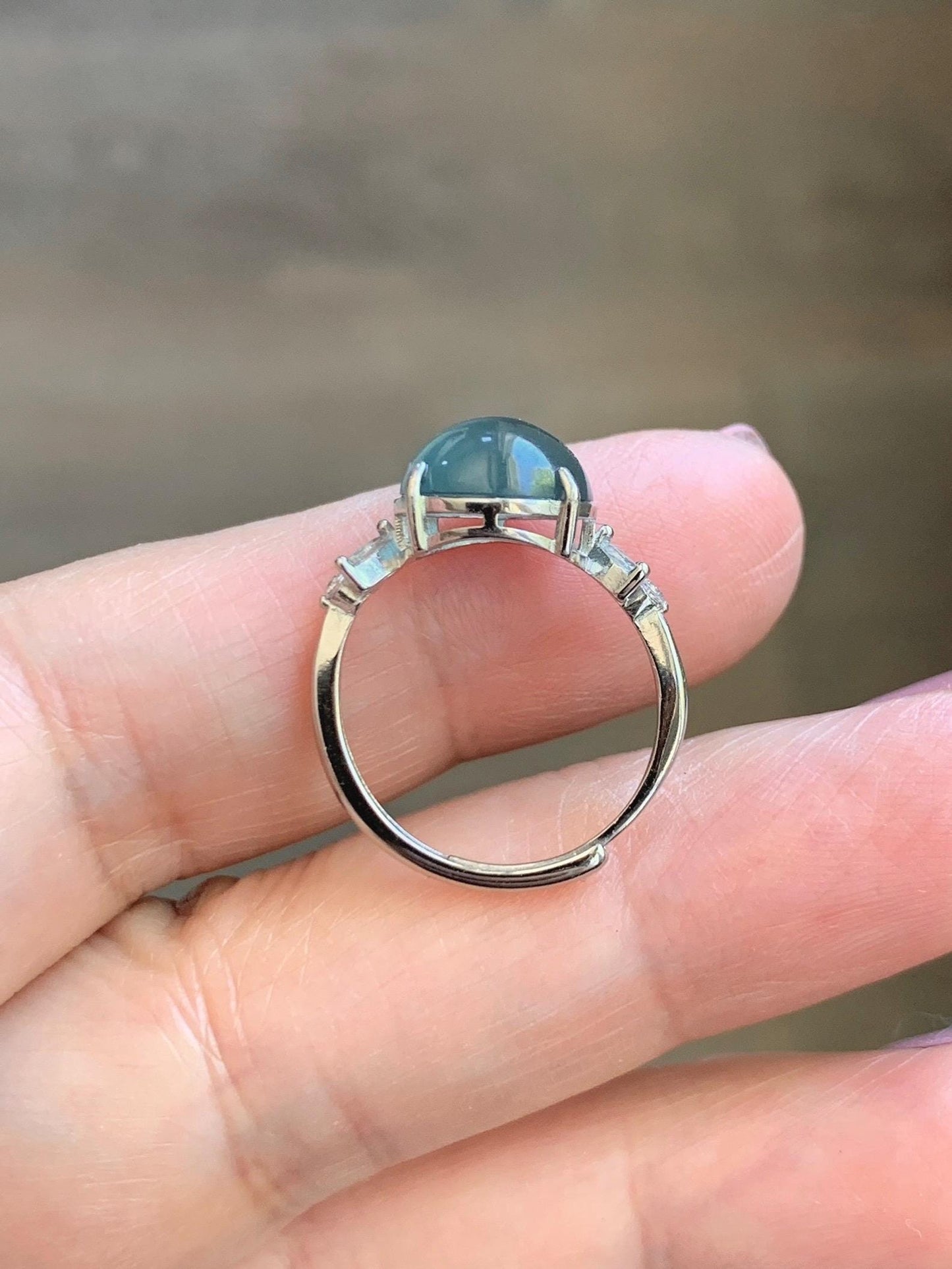 Natural Grade A Guatemalan Icy Translucent Dusty Teal Green Round Jade Jadeite Ring Sterling Silver Size 6 US Adjustable 天然冰危蓝绿翡翠银镶戒指 WDL110