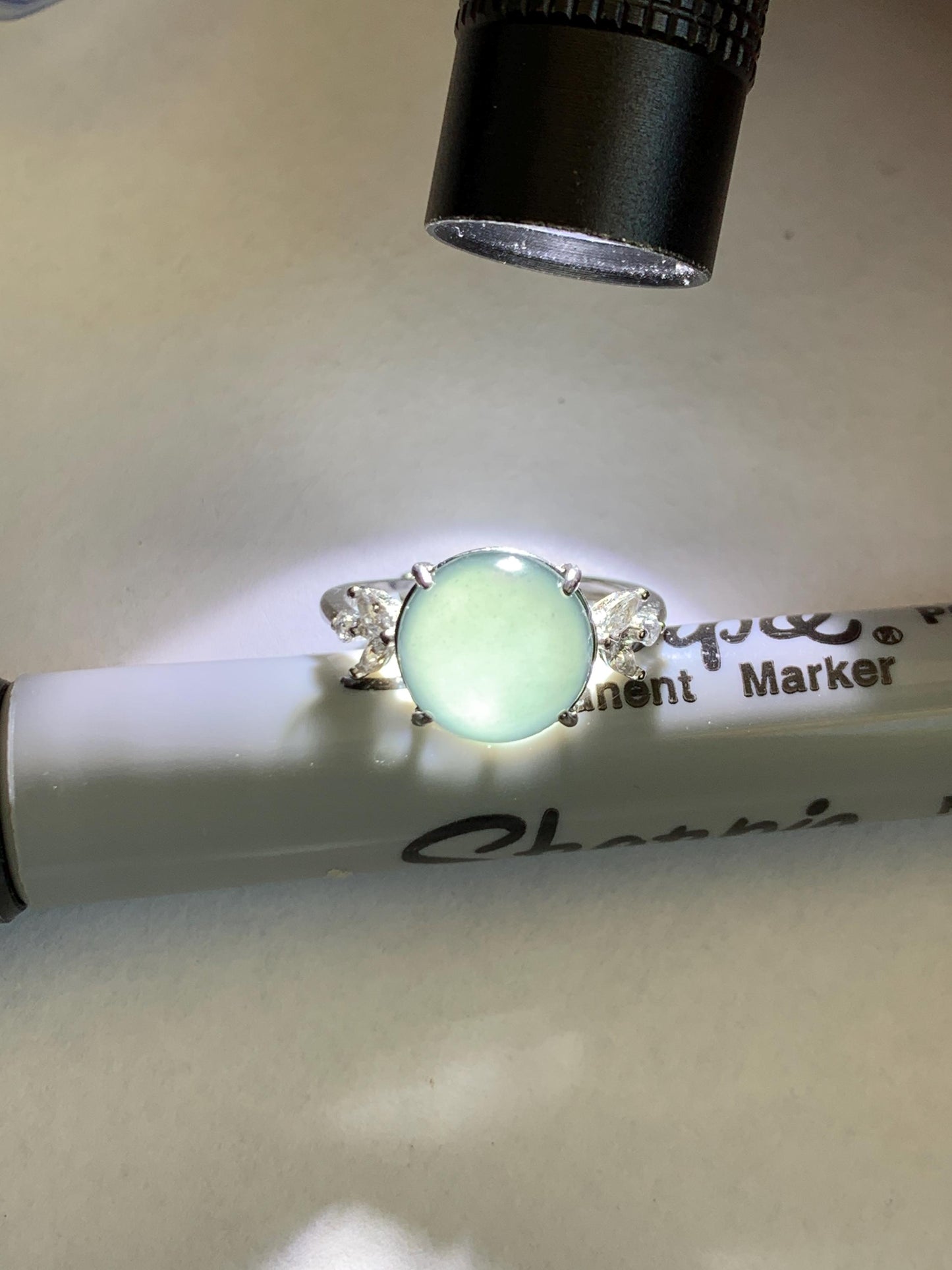 Natural Grade A Guatemalan Icy Translucent Dusty Teal Green Round Jade Jadeite Ring Sterling Silver Size 6 US Adjustable 天然冰危蓝绿翡翠银镶戒指 WDL110