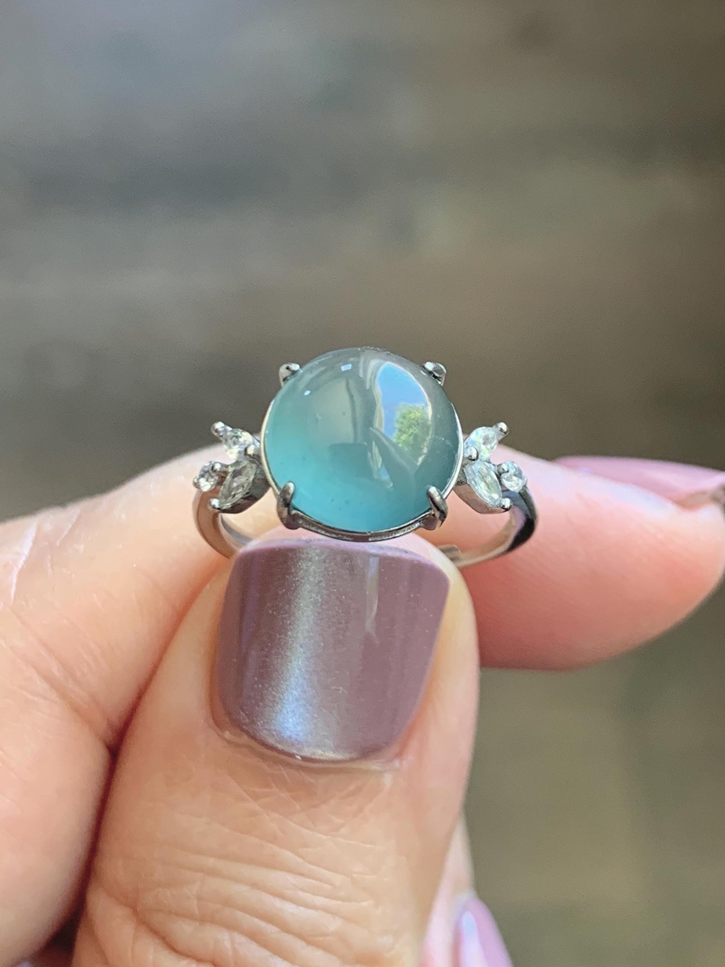 Natural Grade A Guatemalan Icy Translucent Dusty Teal Green Round Jade Jadeite Ring Sterling Silver Size 6 US Adjustable 天然冰危蓝绿翡翠银镶戒指 WDL110