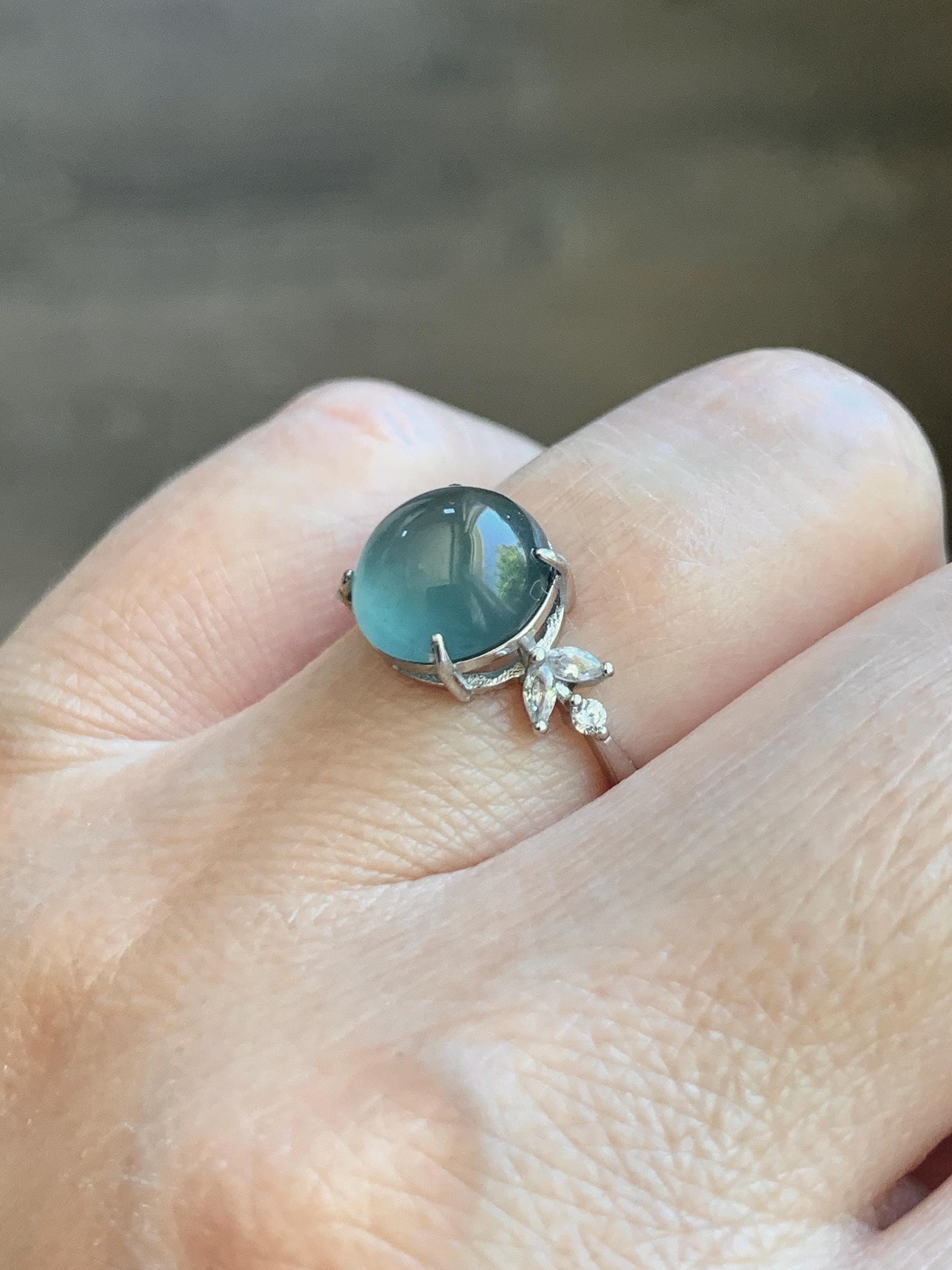 Natural Grade A Guatemalan Icy Translucent Dusty Teal Green Round Jade Jadeite Ring Sterling Silver Size 6 US Adjustable 天然冰危蓝绿翡翠银镶戒指 WDL110