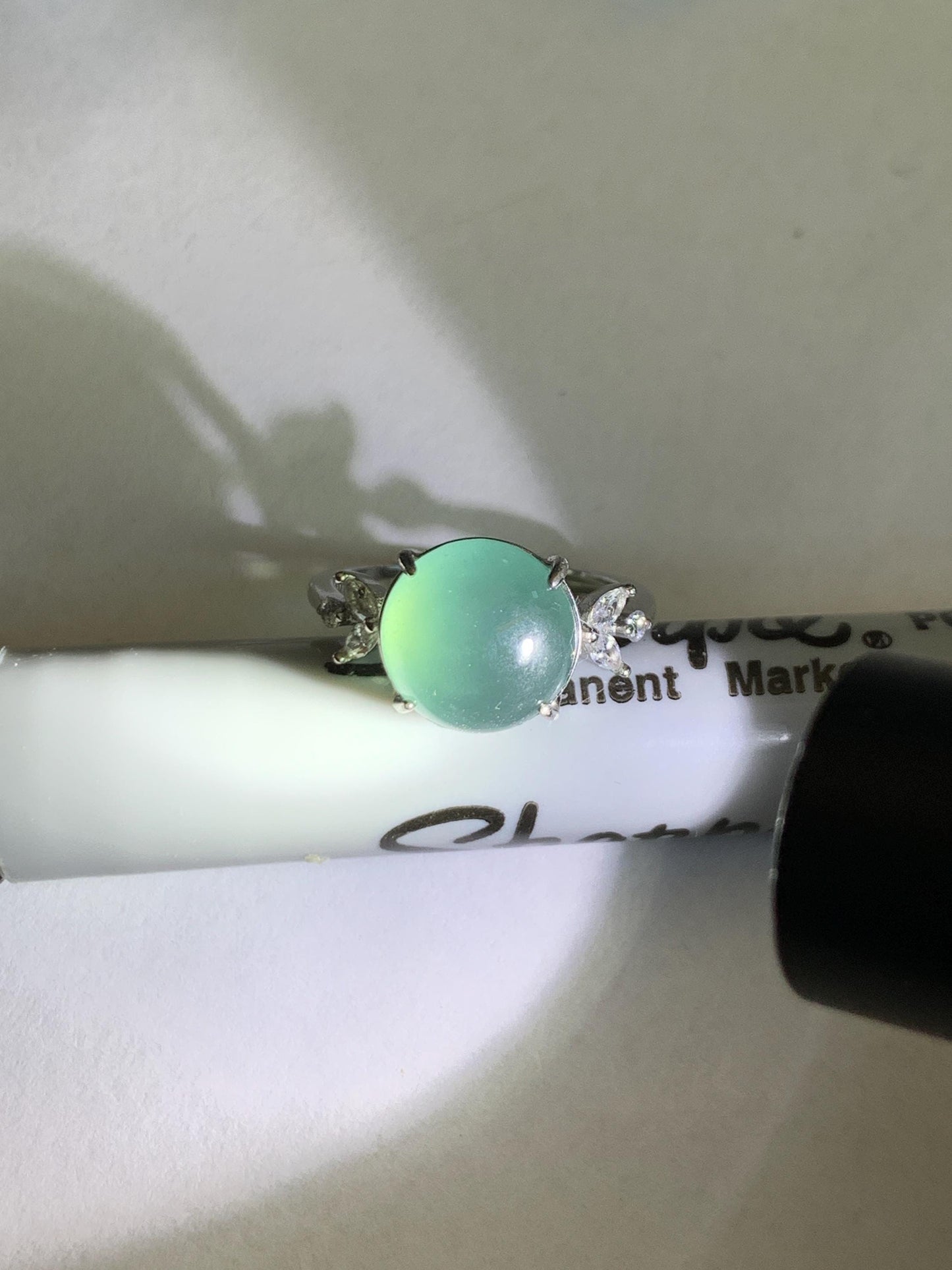 Natural Grade A Guatemalan Icy Translucent Dusty Teal Green Round Jade Jadeite Ring Sterling Silver Size 6 US Adjustable 天然冰危蓝绿翡翠银镶戒指 WDL110