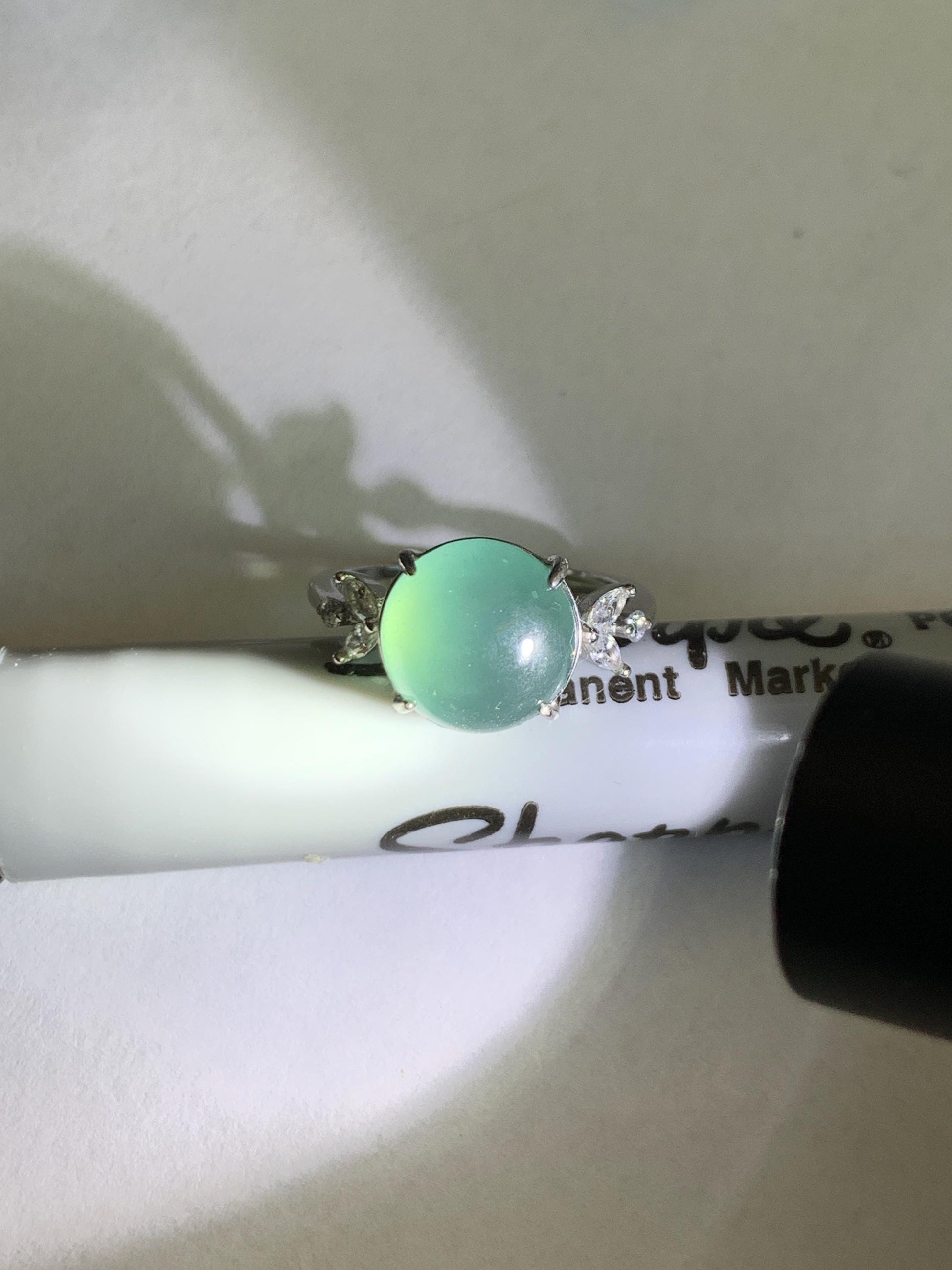 Natural Grade A Guatemalan Icy Translucent Dusty Teal Green Round Jade Jadeite Ring Sterling Silver Size 6 US Adjustable 天然冰危蓝绿翡翠银镶戒指 WDL110