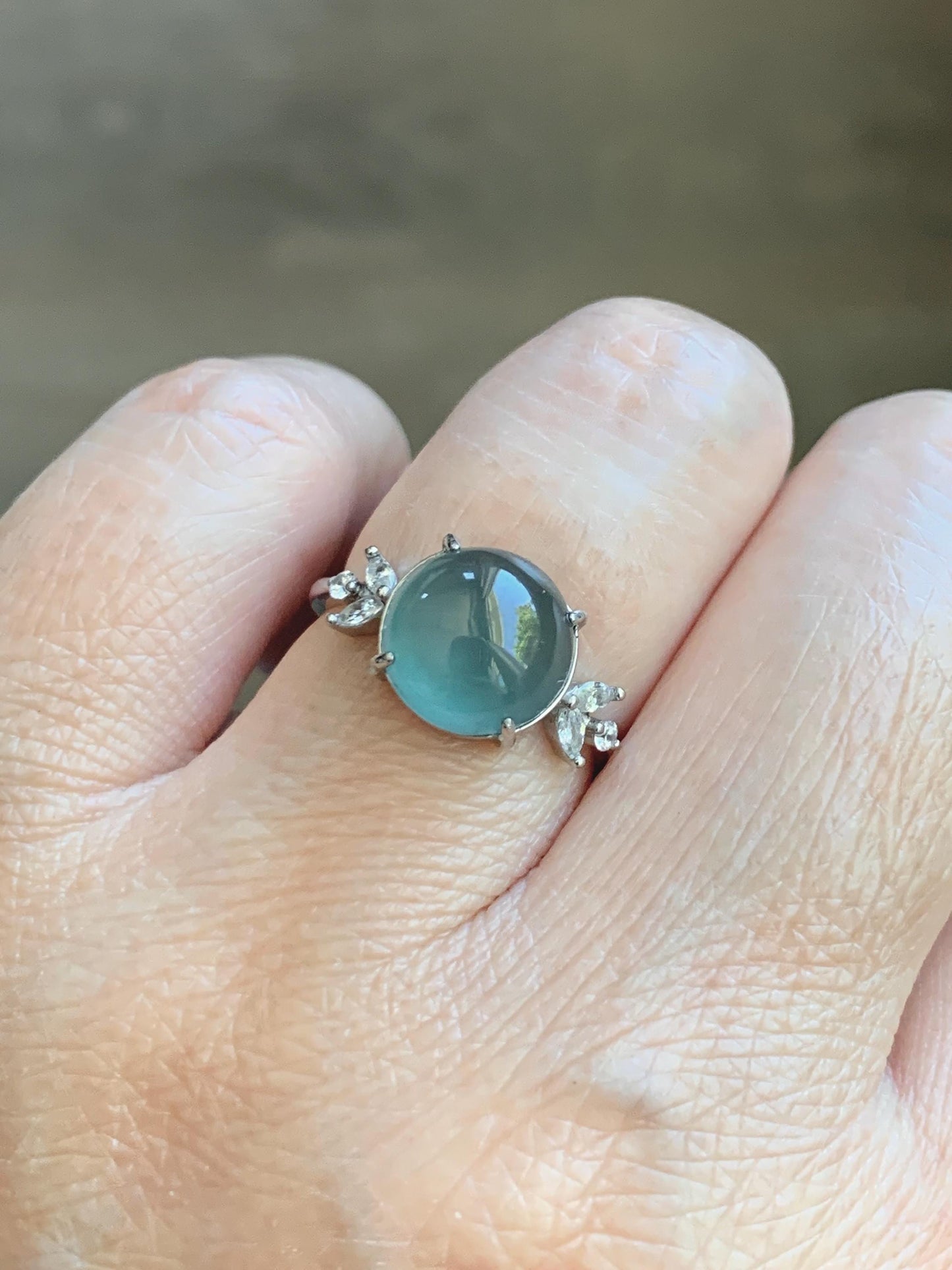 Natural Grade A Guatemalan Icy Translucent Dusty Teal Green Round Jade Jadeite Ring Sterling Silver Size 6 US Adjustable 天然冰危蓝绿翡翠银镶戒指 WDL110